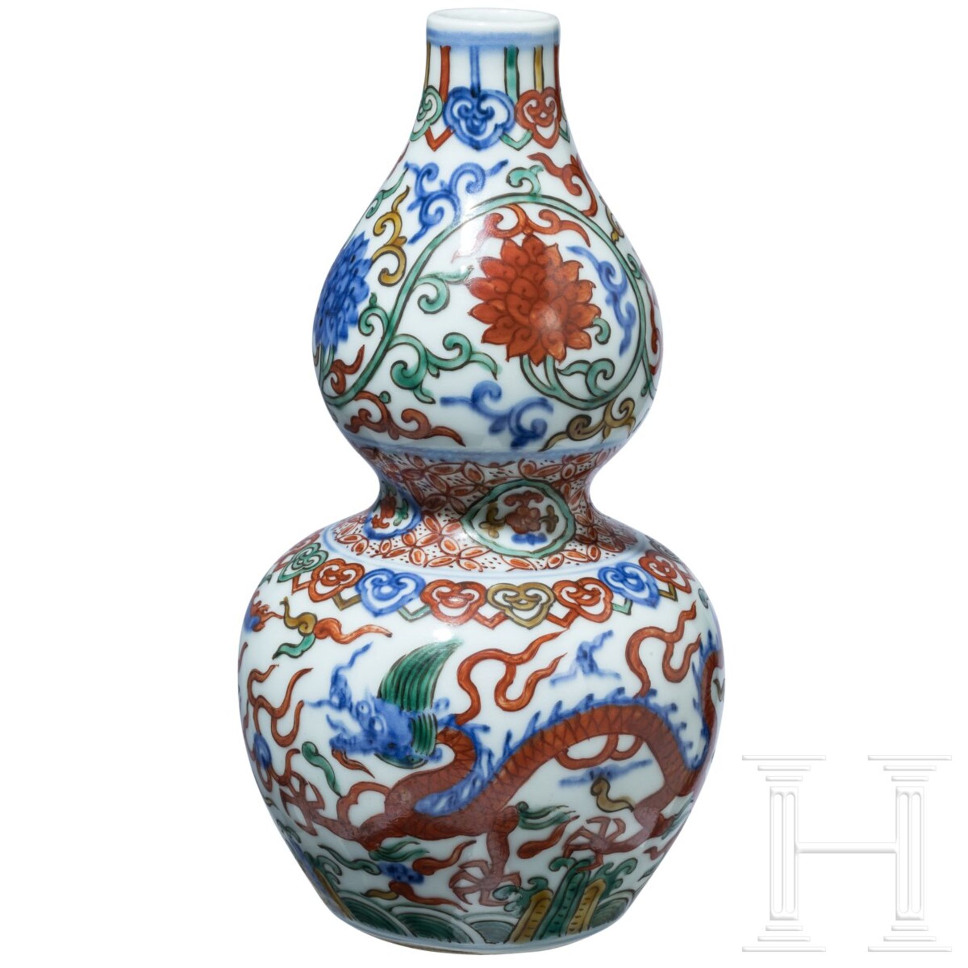 Doppelkürbis-Wucai-Vase mit Jiajing-Sechszeichenmarke, China, 20. Jhdt.