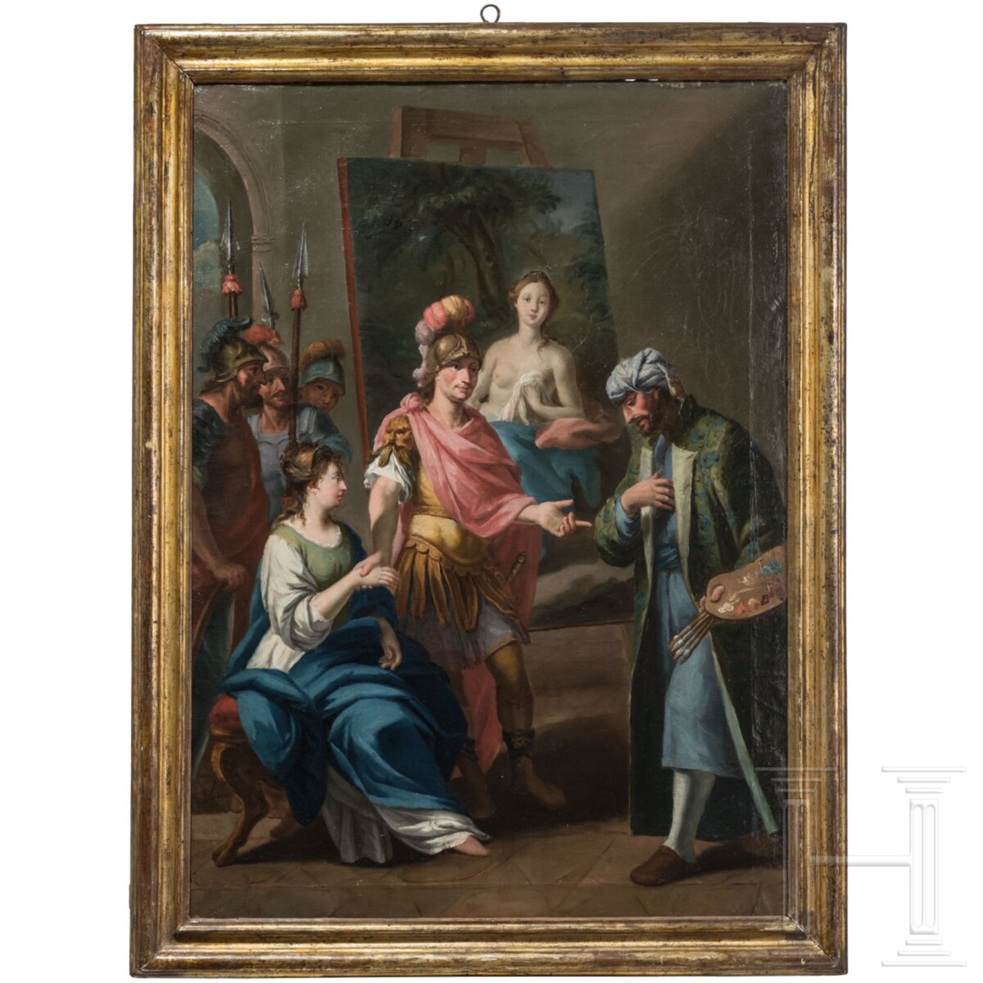 Alexander der Große und Kampaspe im Atelier des Apelles, Öl/Leinwand, Frankreich, 18. Jhdt.