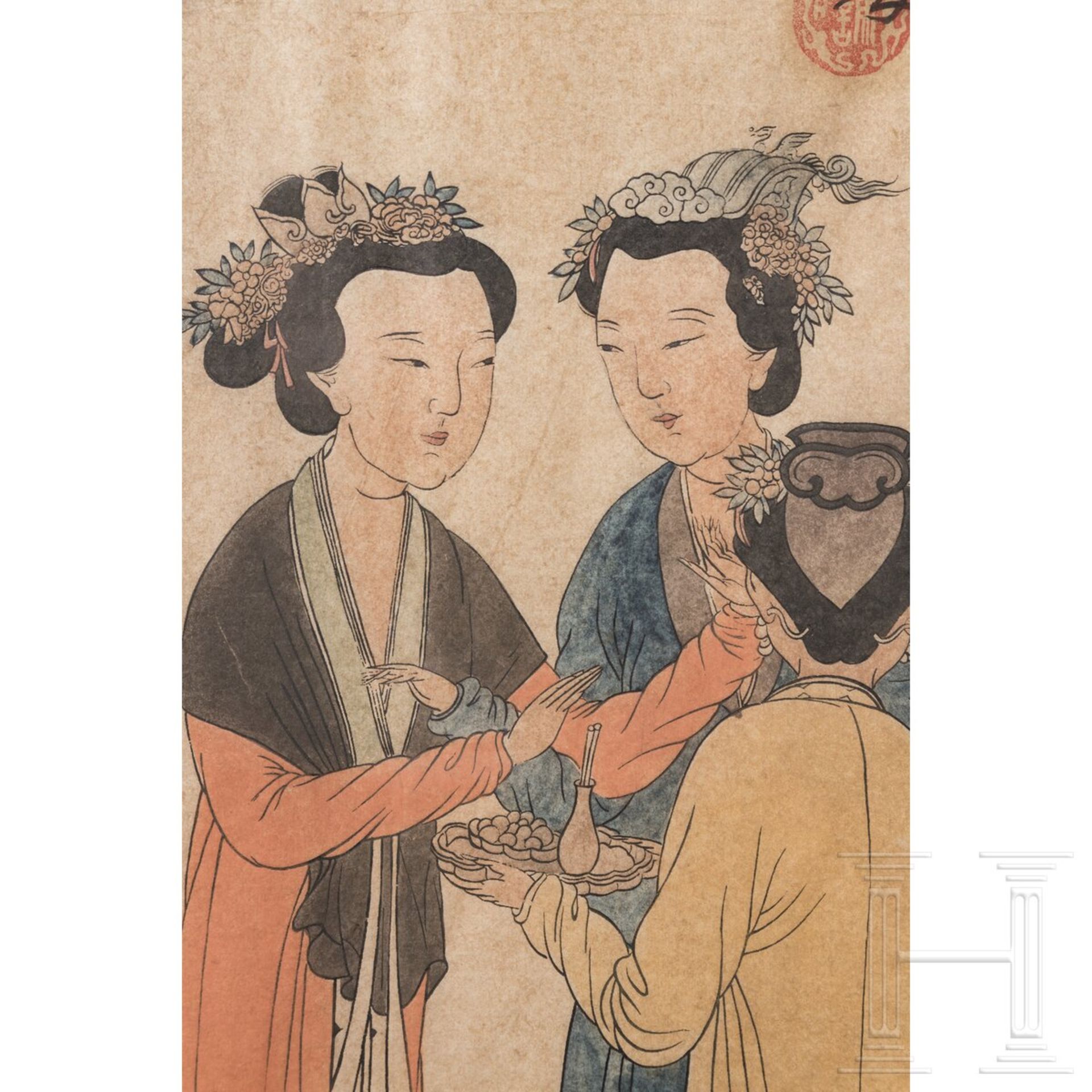 "Hofdamen des ehemaligen Shu-Staates" nach Tang Yin, Aquarell, China, 19. Jhdt. - Bild 3 aus 5