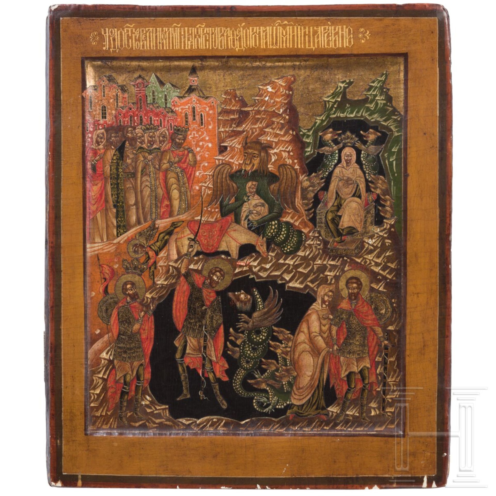 Ikone mit seltenem Thema der Wundertat des Heiligen Theodor von Tiron, Russland, neuzeitlich