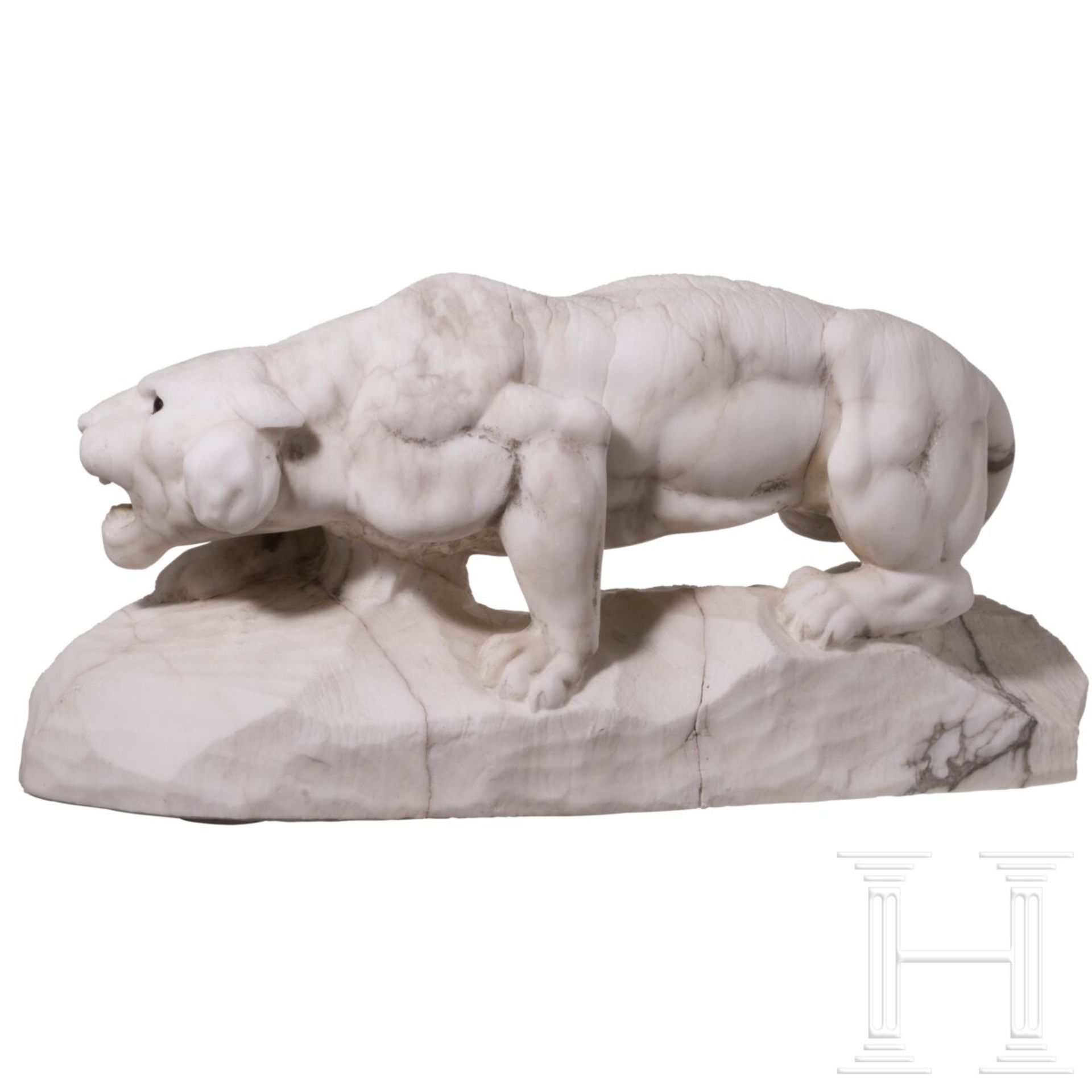 Art-Déco-Skulptur eines lauernden Tigers in Marmoroptik, Frankreich, um 1920/30 - Bild 2 aus 3