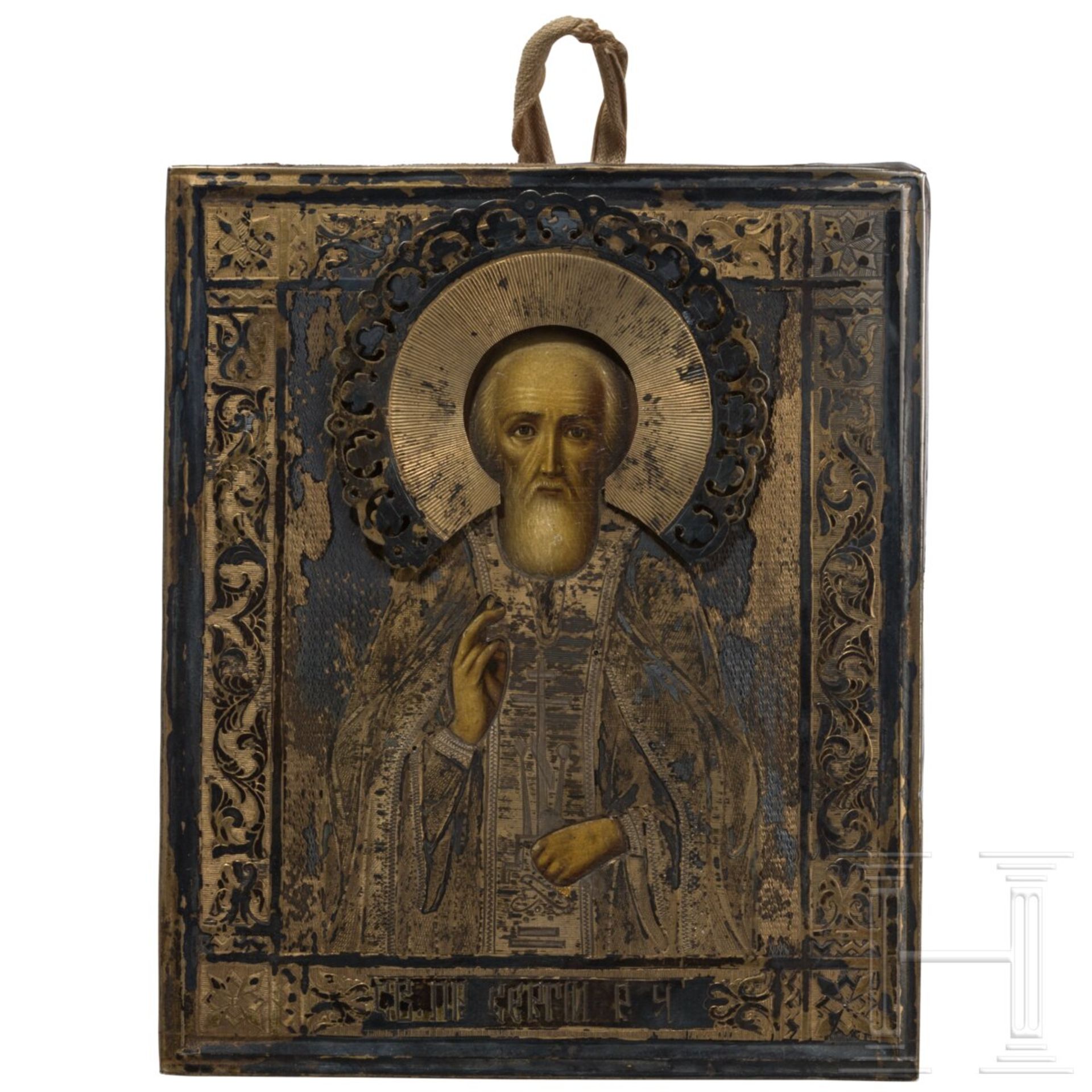 Kleine Ikone mit dem Heiligen Sergej von Radonesch mit Silberoklad, Russland, Ende 19. Jhdt. (Ikone)