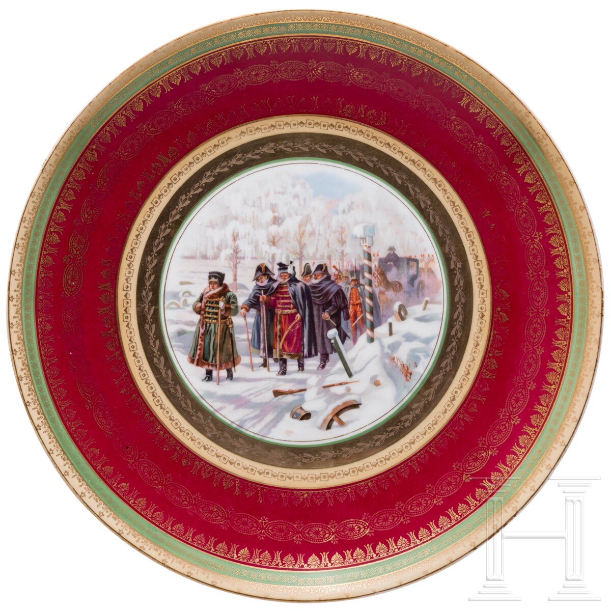 Großer Wandteller "Napoleons Rückzug aus Moskau", Porzellanmanufaktur Gardner, Anfang des 19. Jhdt