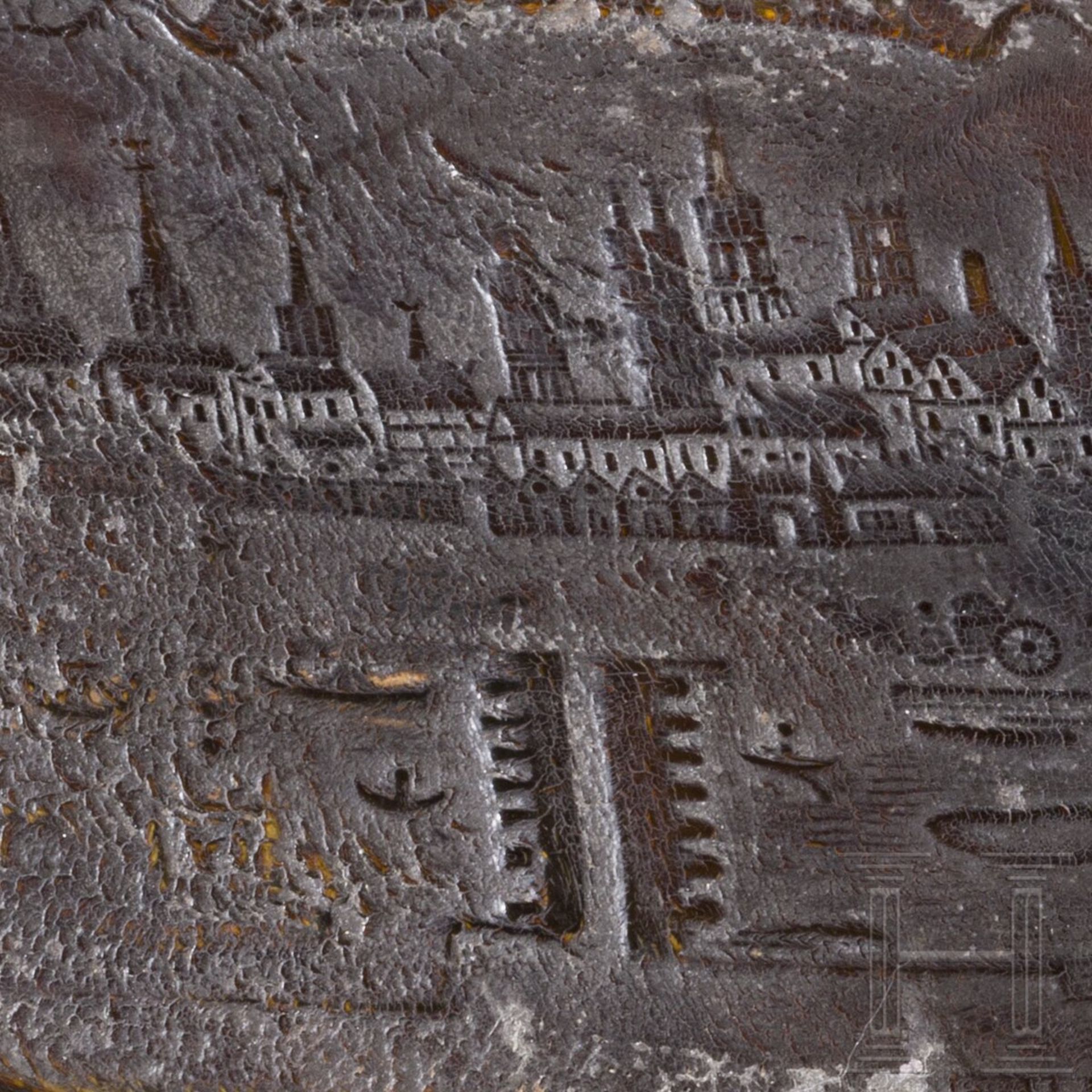 Silbermontierte Schnupftabakdose aus Steinbockhorn mit Ansicht von Rouen, 18. Jhdt. - Image 5 of 6