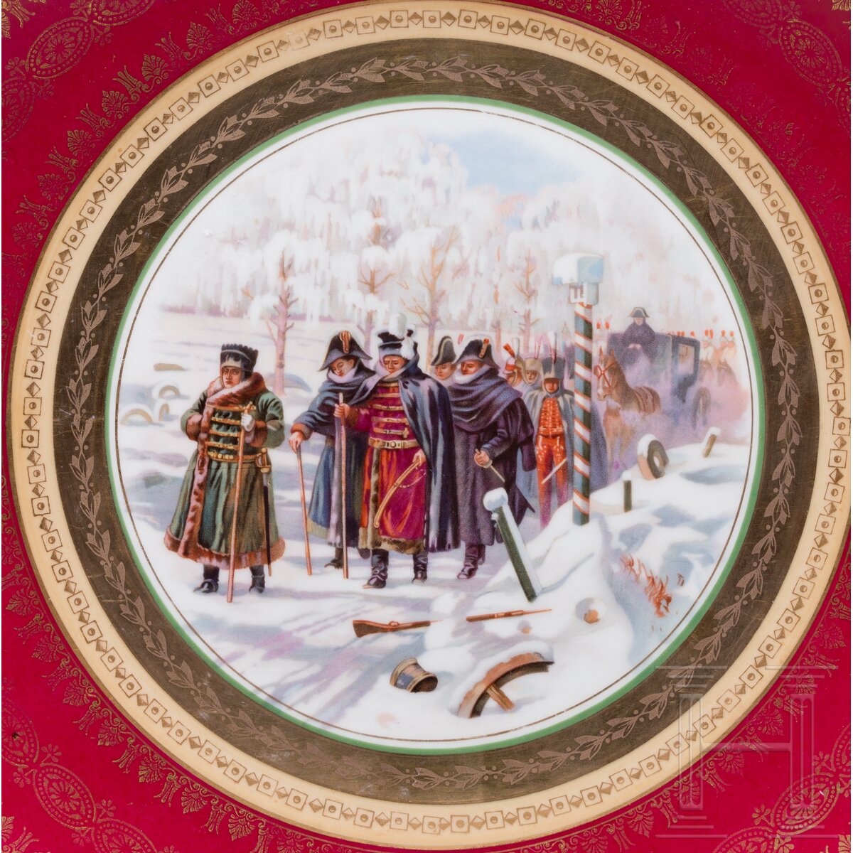 Großer Wandteller "Napoleons Rückzug aus Moskau", Porzellanmanufaktur Gardner, Anfang des 19. Jhdt - Image 2 of 4