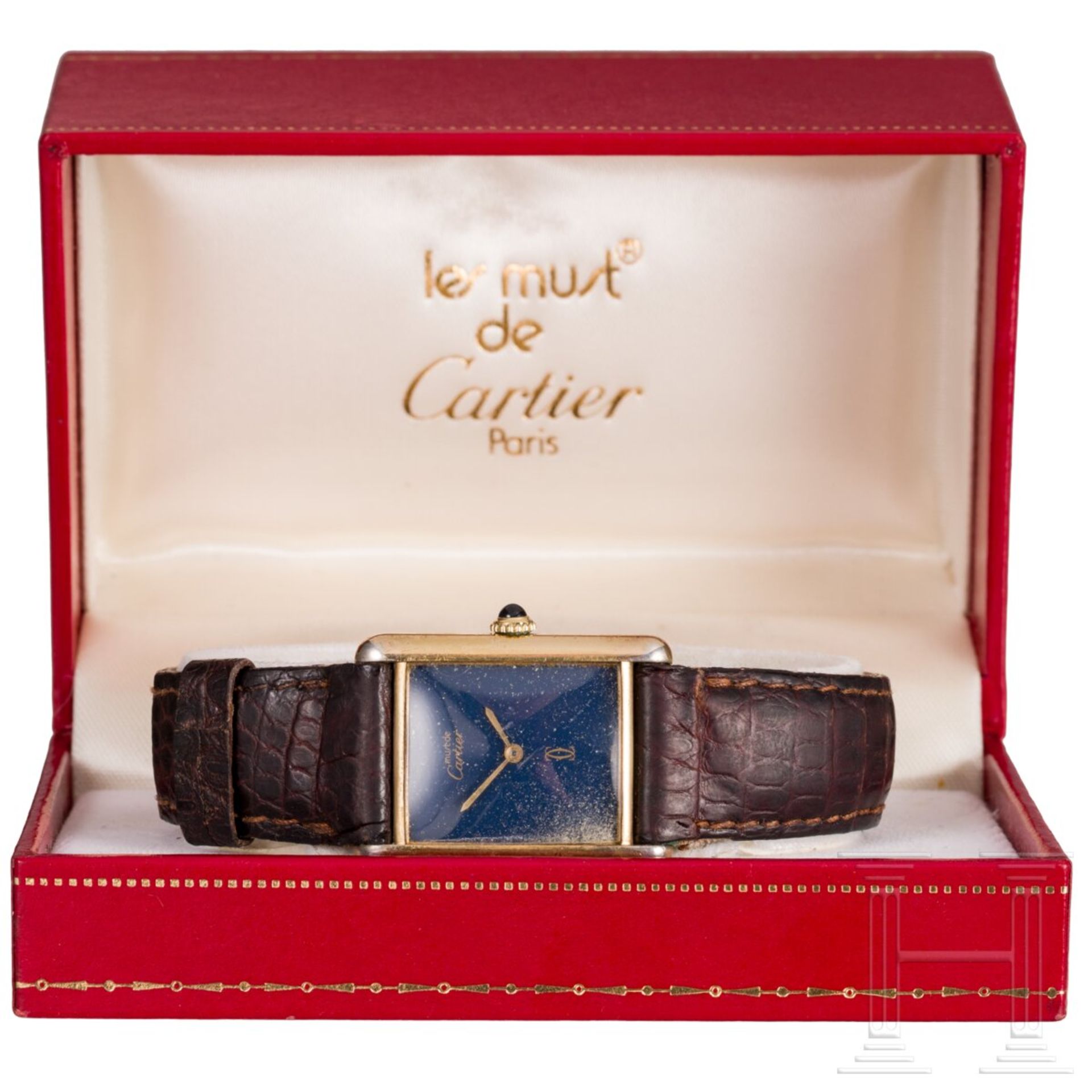 Cartier-Tank-Armbanduhr mit Ziffernblatt im Lapislazuli-Stil, Louis Cartier