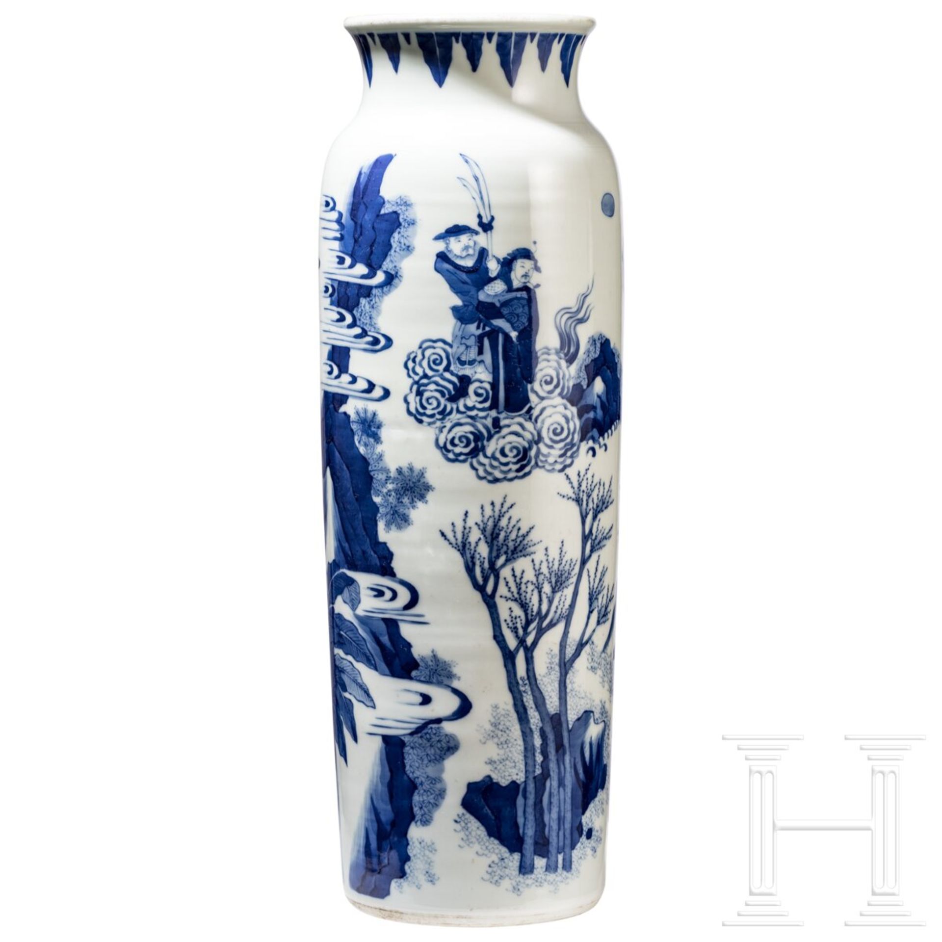 Große blaue-weiße Vase mit Soldatenszene, China, wohl Kangxi-Periode (18. Jhdt.)