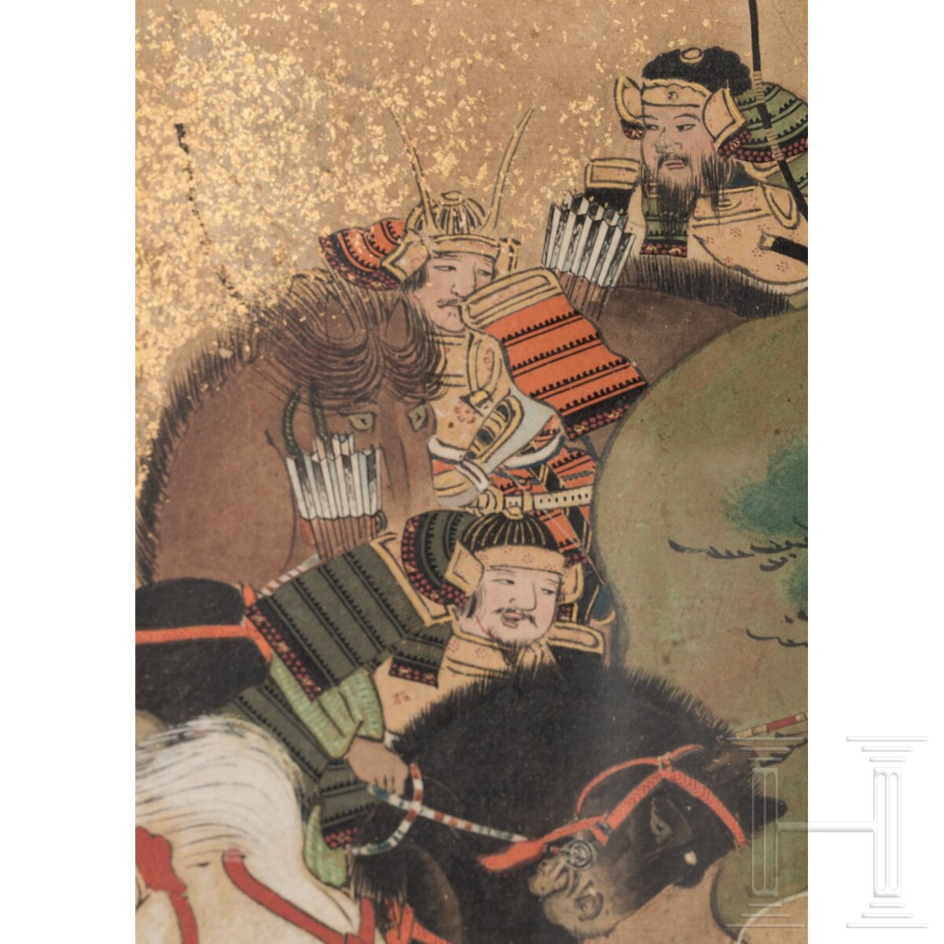 Kämpfende Samurai, Rimpa-Blattgoldmalerei, Japan, Edo-/Meiji-Periode - Bild 3 aus 4