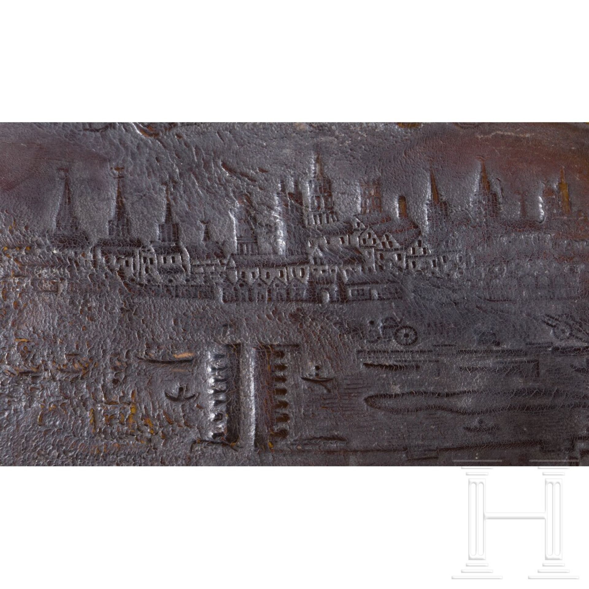 Silbermontierte Schnupftabakdose aus Steinbockhorn mit Ansicht von Rouen, 18. Jhdt. - Image 4 of 6