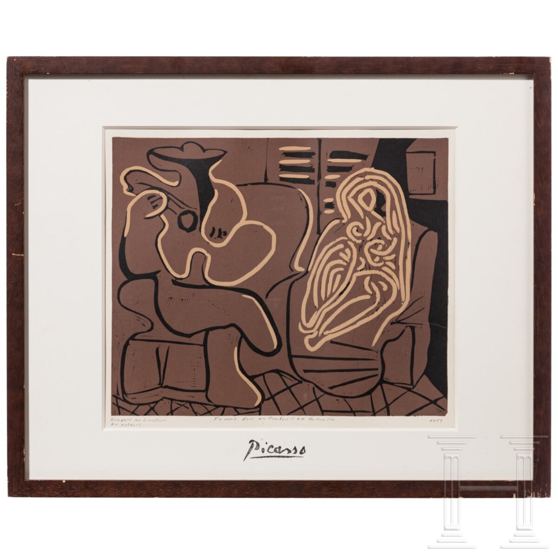 Nach Pablo Picasso, "Femme dans un Fauteuil et Guitariste", Linolschnitt, Frankreich, 2. Hälfte 20. 