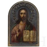 Kleine Ikone mit Christus Pantokrator mit Silberriza, Russland, Ende 19. Jhdt. (Ikone), St. Petersbu