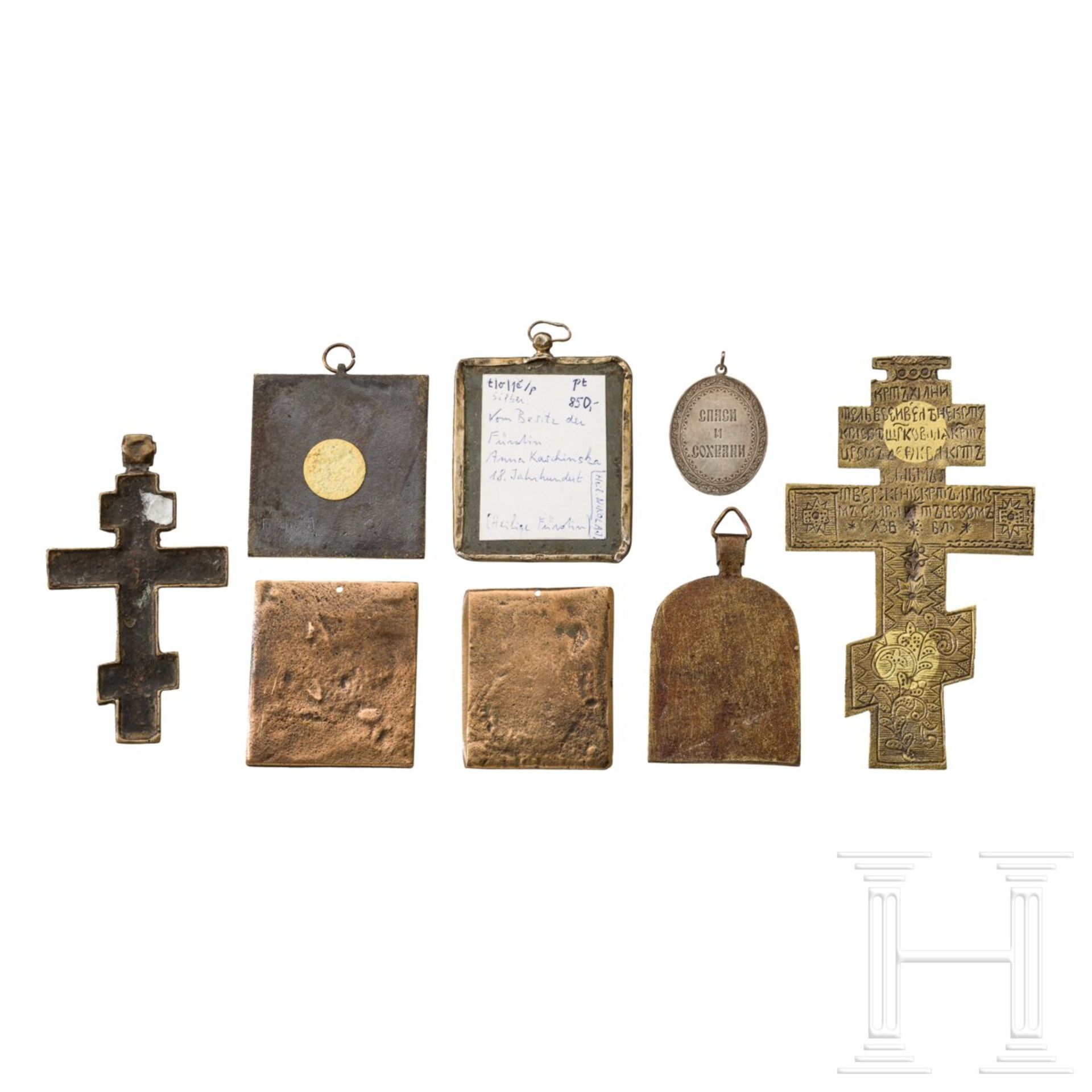 Miniaturikone mit Silberoklad, Silberanhänger und sechs Bronzeikonen, Russland, 18. (eine) - 20. Jhd - Image 2 of 6