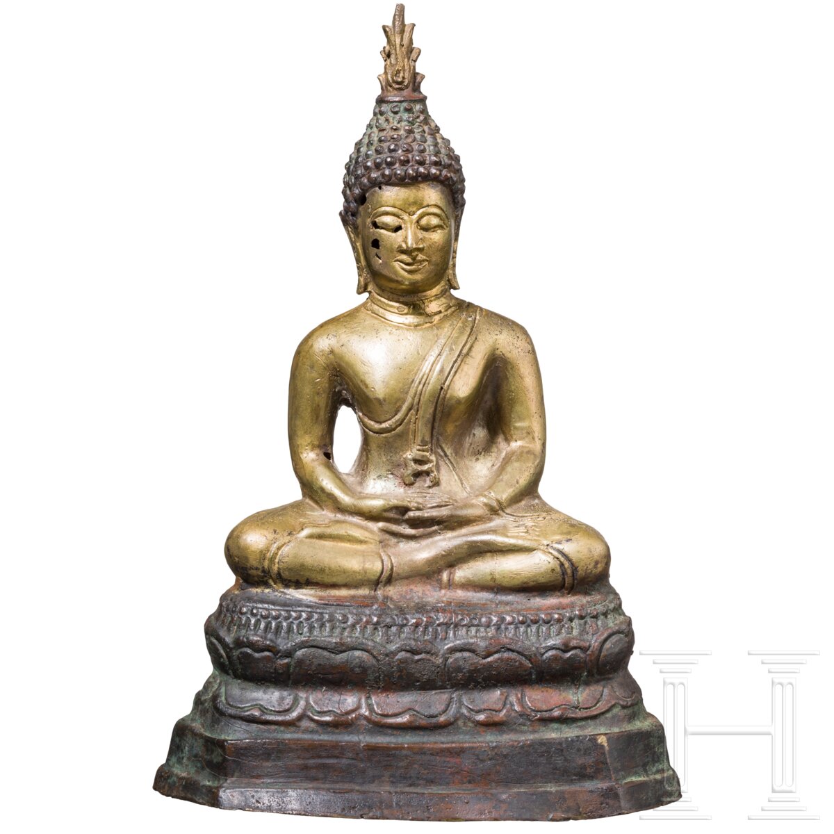 Shakyamuni in Dhyana-Mudra aus vergoldeter Bronze, Thailand, Lan-Na-Königreich, 15./16. Jhdt.