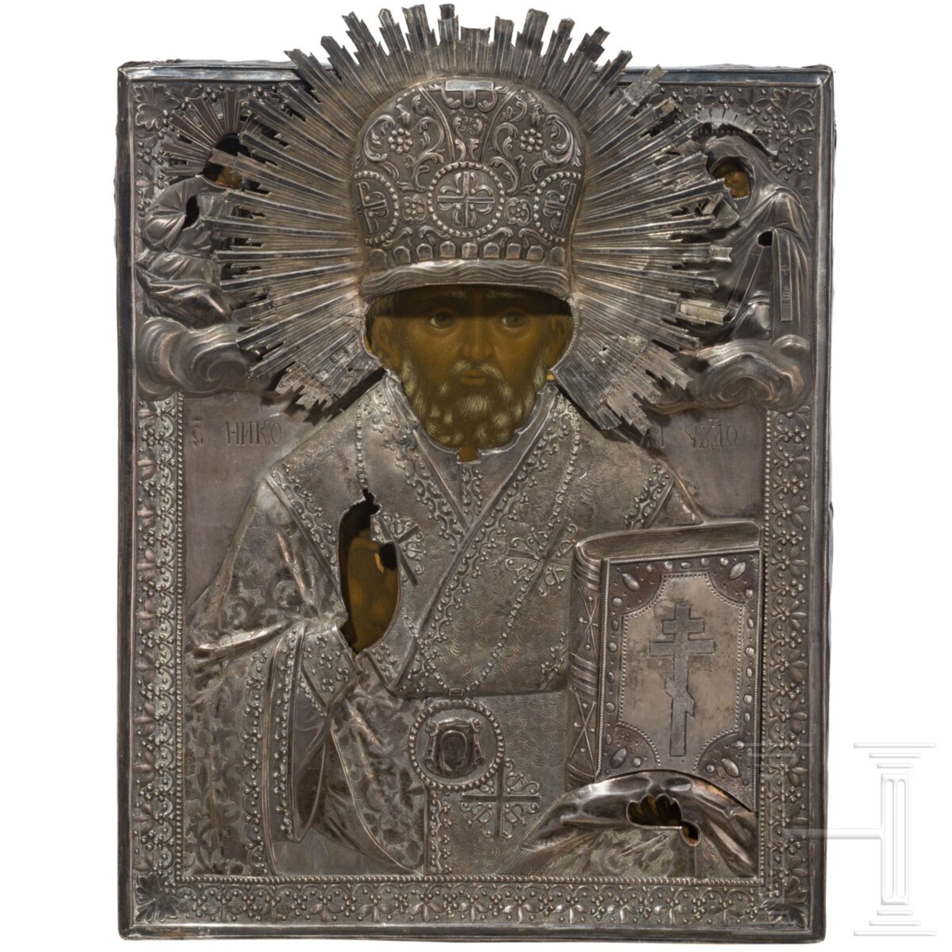 Ikone mit dem Heiligen Nikolaus von Myra mit Silberoklad, Russland, 2. Hälfte 19. Jhdt. (Ikone), Mos