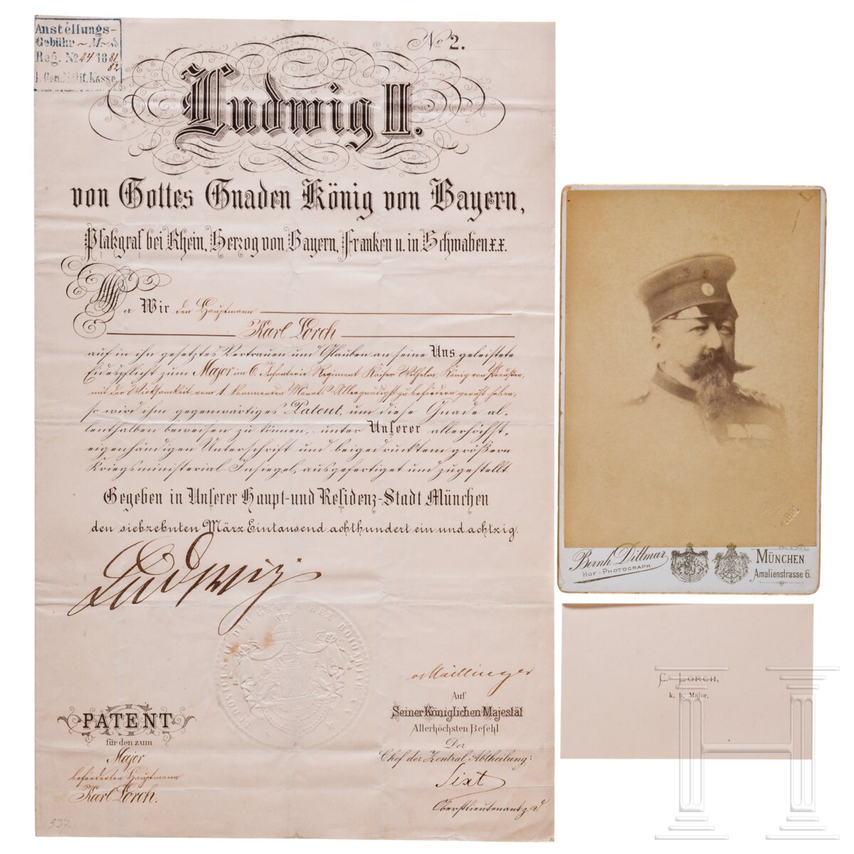 König Ludwig II. - Patent für den Major Karl Lorch, datiert 1881