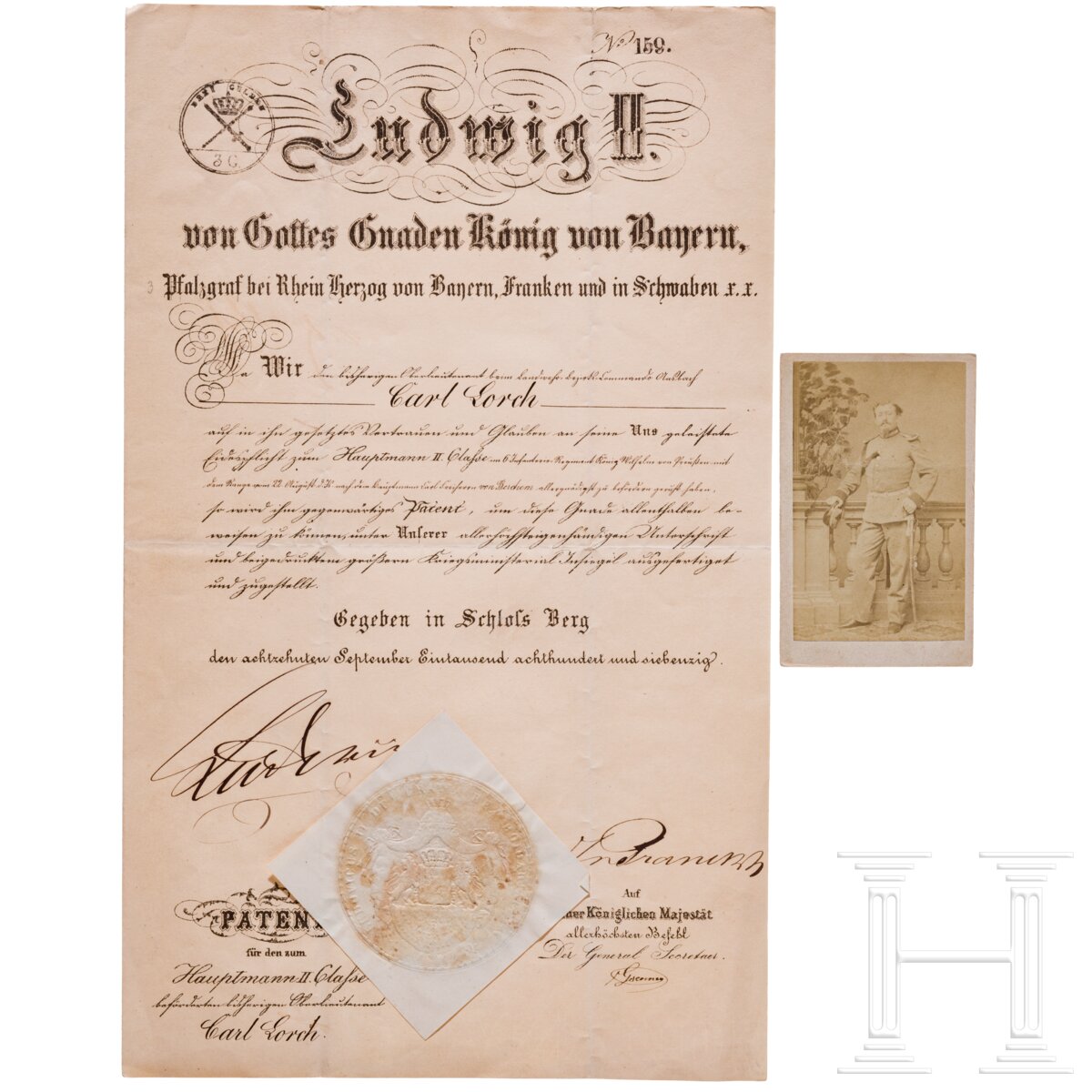 König Ludwig II. - Patent für den Hauptmann Karl Lorch, datiert 1870