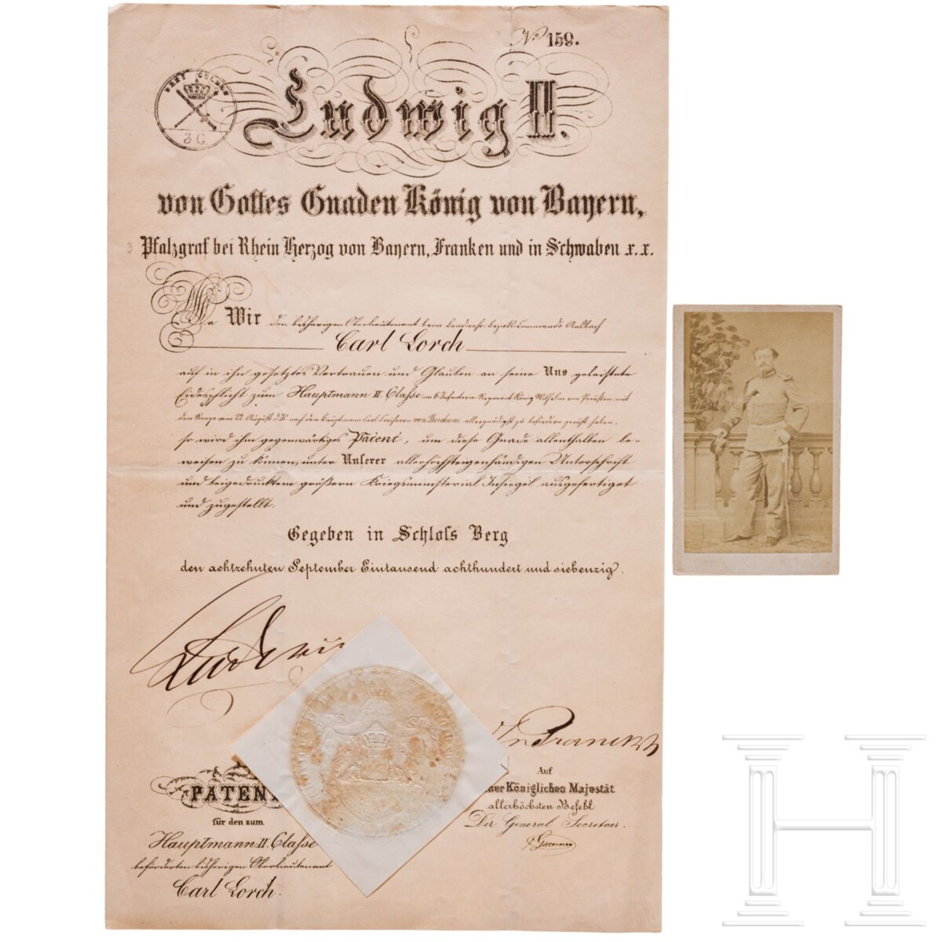 König Ludwig II. - Patent für den Hauptmann Karl Lorch, datiert 1870