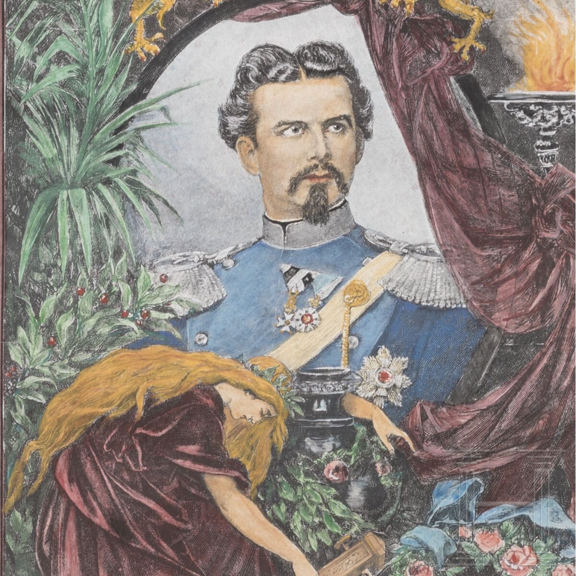 König Ludwig II. - kolorierter Holzschnitt zu Ehren des toten Königs, R. Brend’amour und R. E. Keple - Bild 4 aus 4