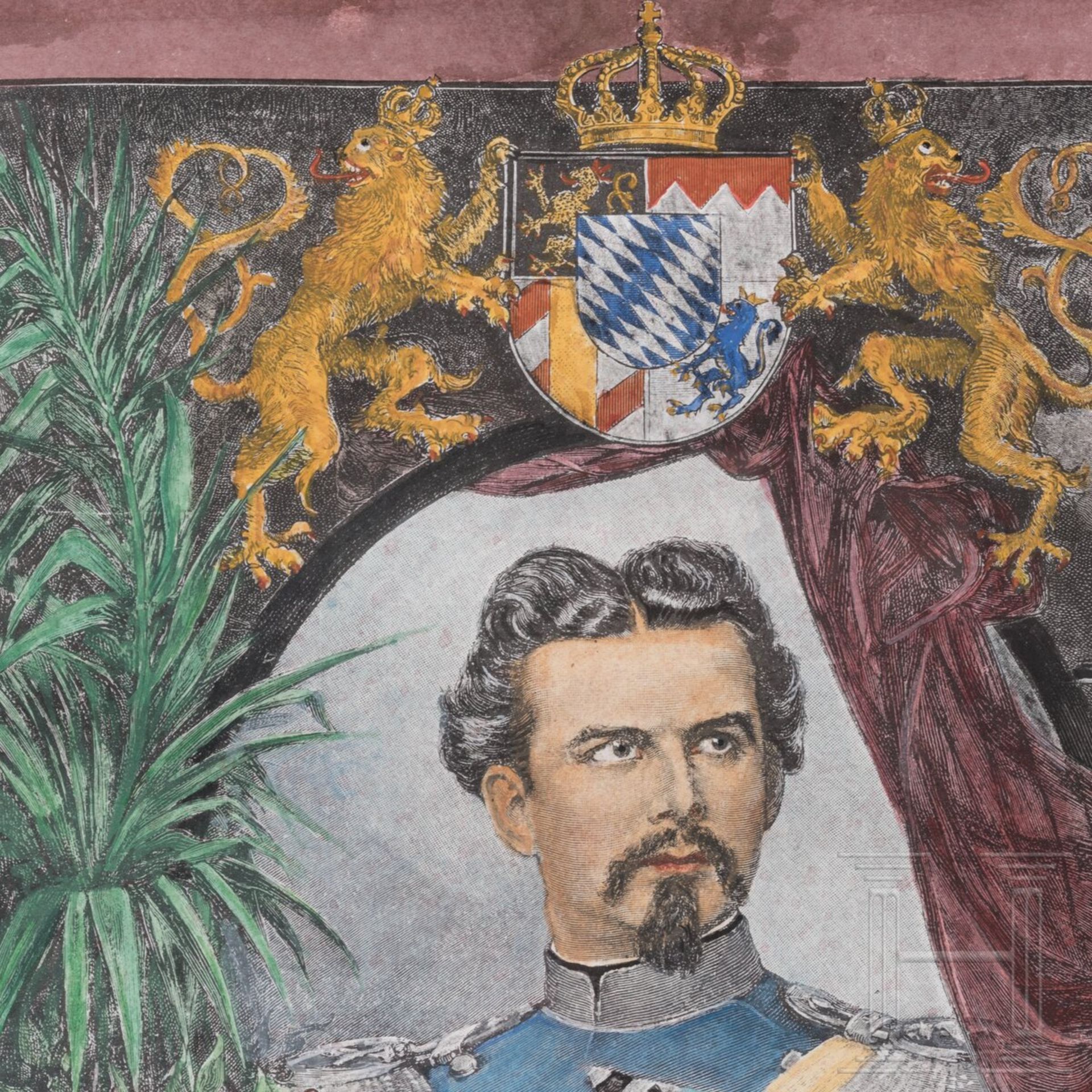 König Ludwig II. - kolorierter Holzschnitt zu Ehren des toten Königs, R. Brend’amour und R. E. Keple - Bild 2 aus 4