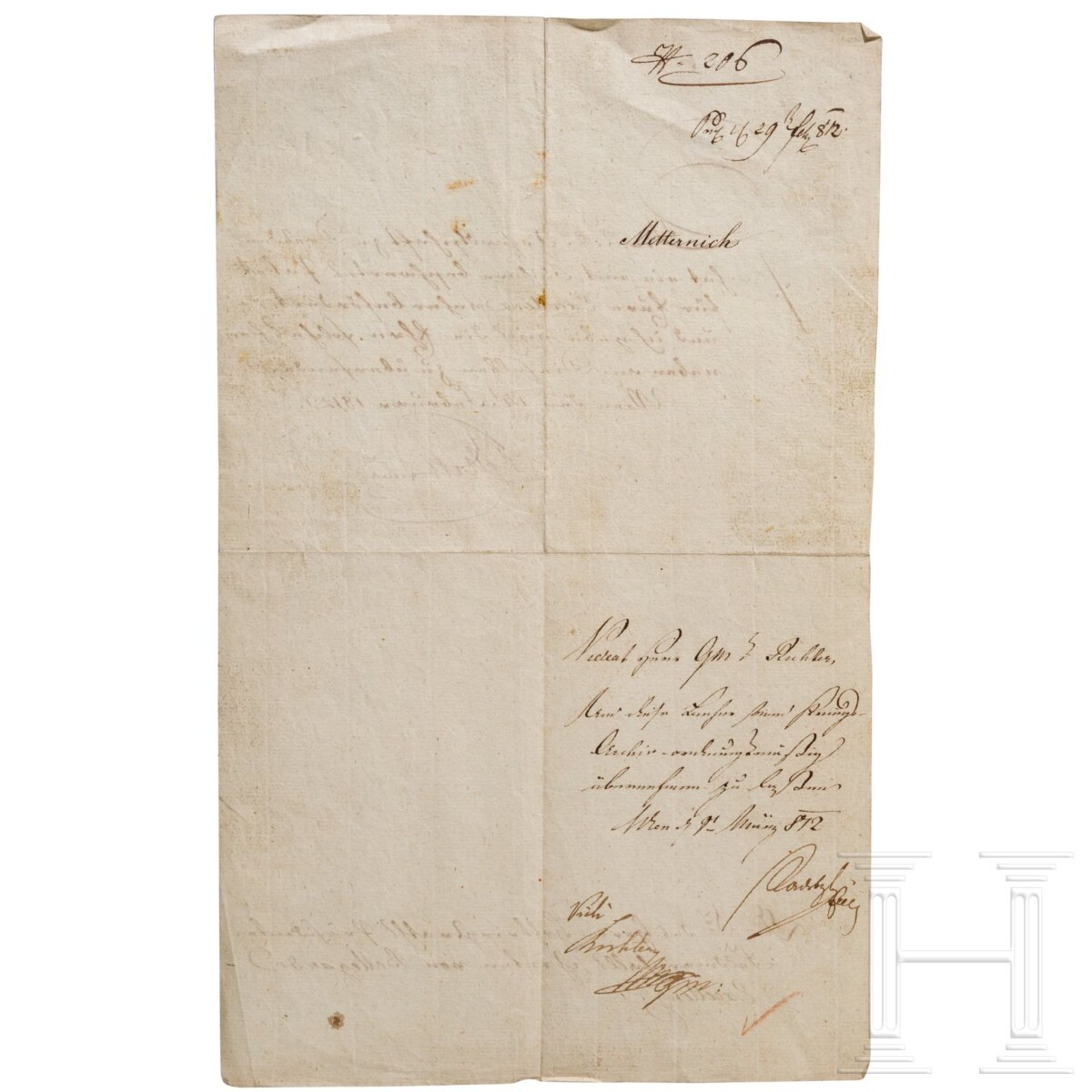 Schreiben an Feldmarschall Bellegarde mit Autographen von Metternich und Radetzky, Wien, Februar/Mär - Image 2 of 4