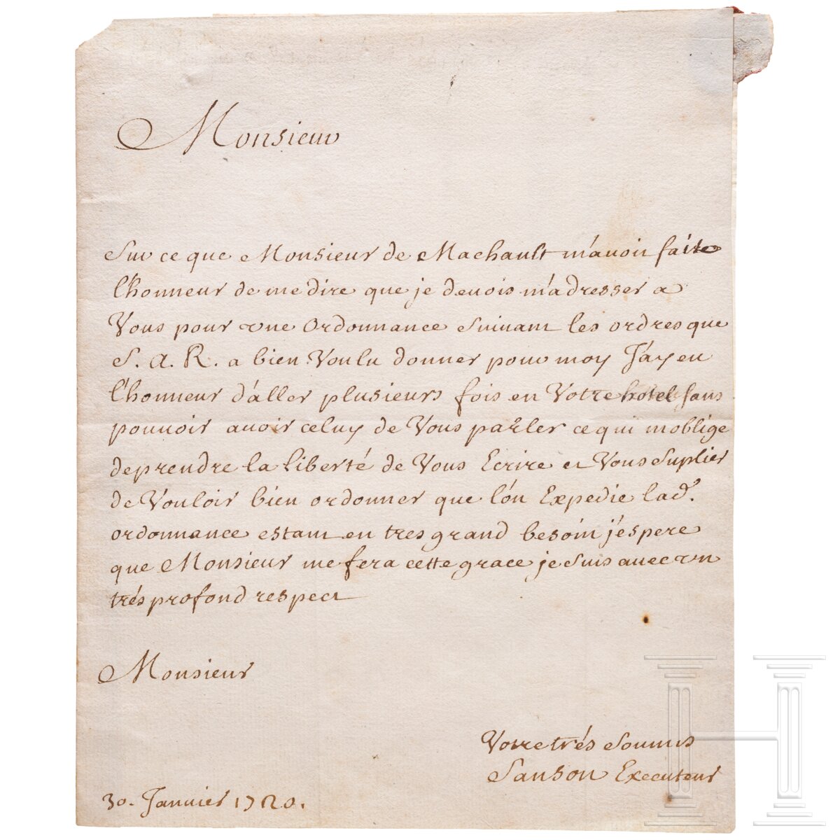 Scharfrichter Charles Sanson - Brief vom 30.1.1720
