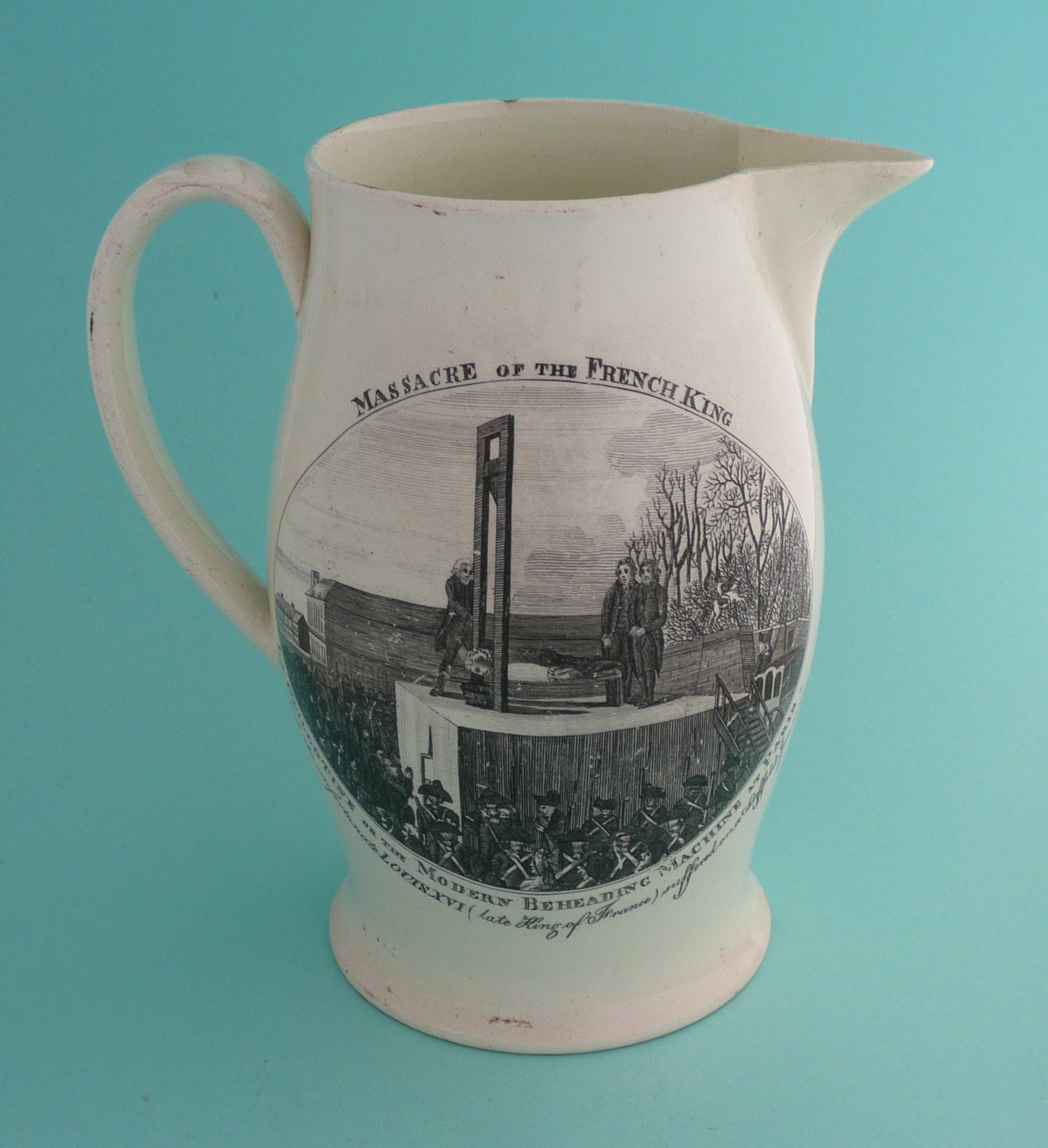 1793 Execution of Louis XVI: a rare creamware jug the bellied body printed in black with scenes - Image 2 of 5