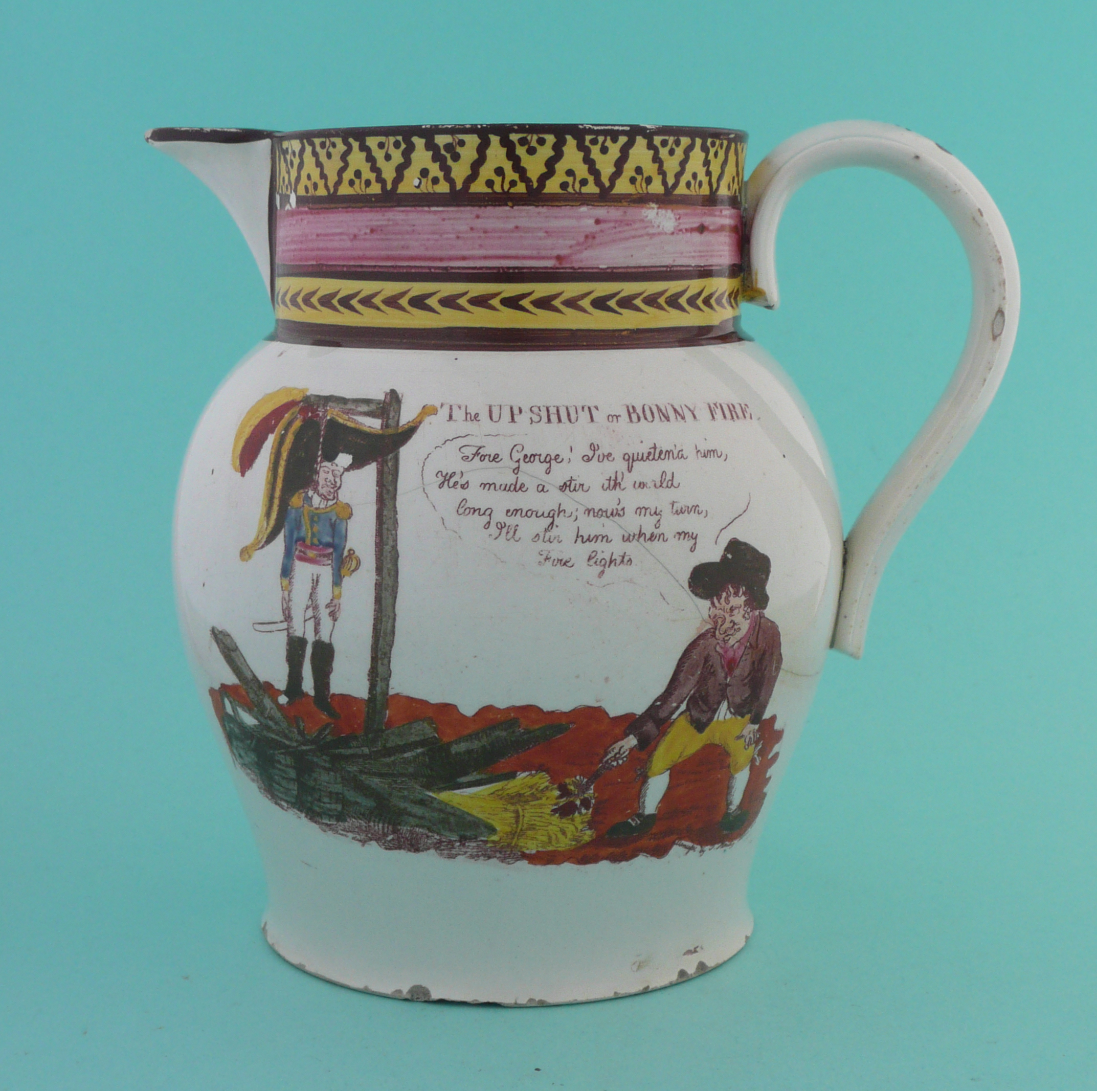 1804 Great Invasion Scare: a colourful pearlware jug decorated with a scene entitled ‘The Upshut