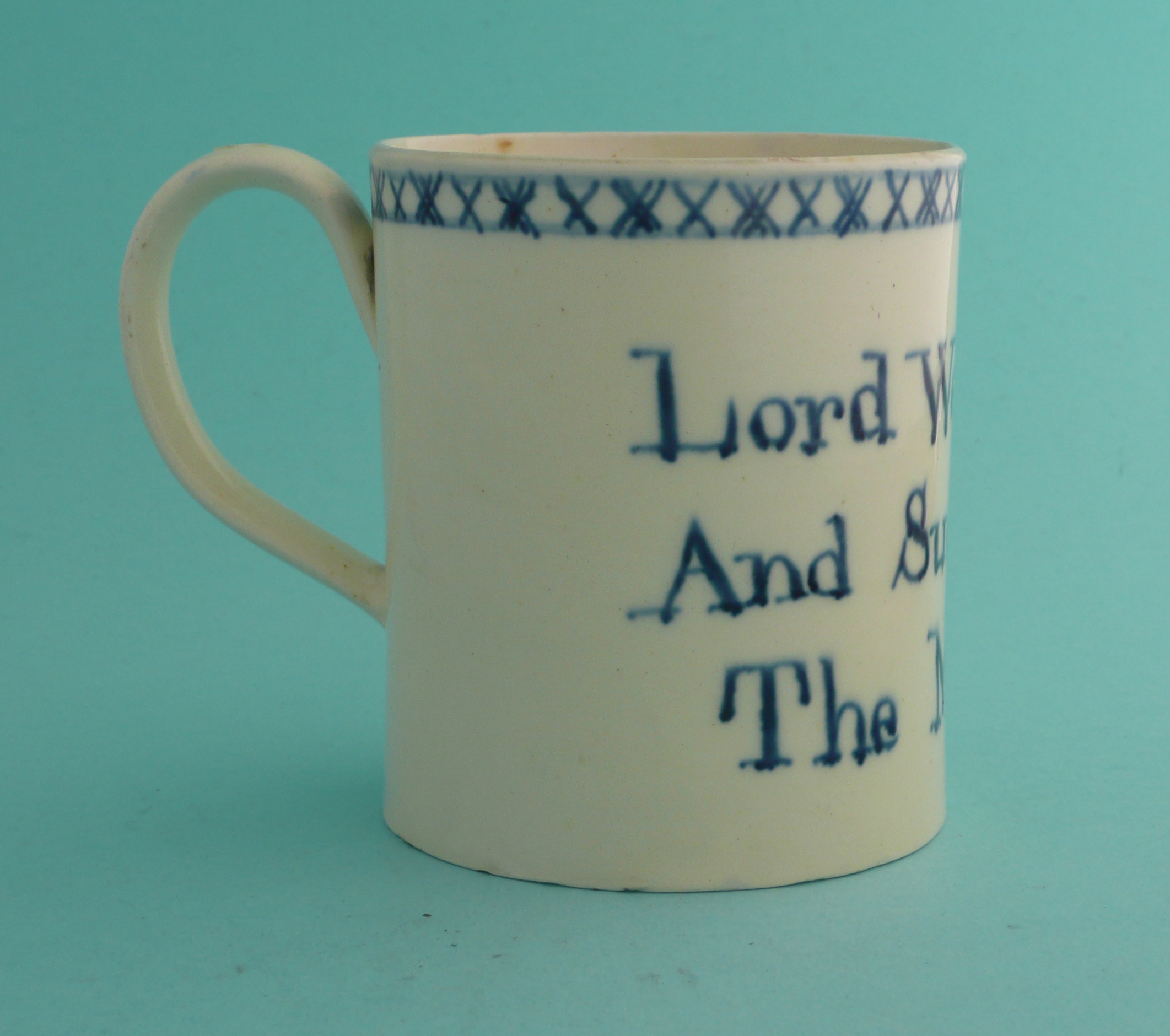 Lord Weymouth and the Mines: a rare creamware mug painted in blue with the inscription ‘Lord - Image 2 of 5