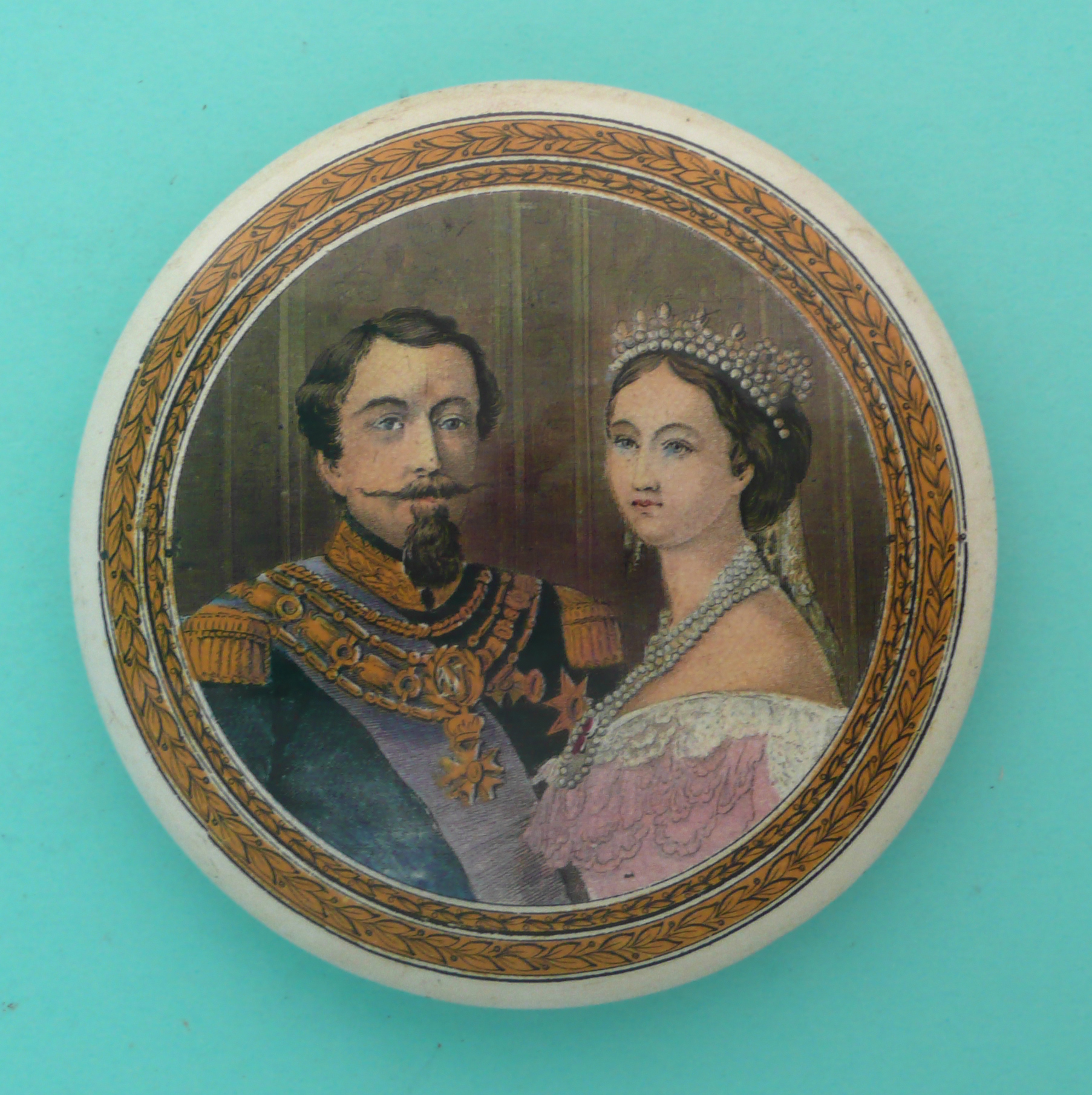 Napoleon III and Empress Eugenie (156). (potlid, pot lid, Prattware, Staffordshire).