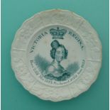 1837 Proclamation: a good Staffordshire nursery plate with floral and foliate moulded border,