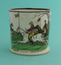 Steeple Chasing: a pottery mug printed in brown and enamelled in colours with an inscribed scene,