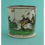 Steeple Chasing: a pottery mug printed in brown and enamelled in colours with an inscribed scene,