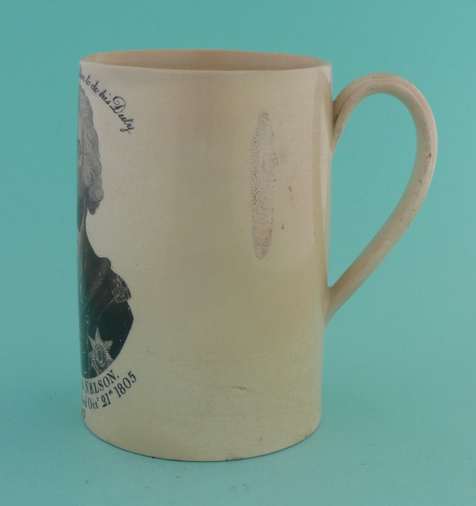 1805 Nelson in Memoriam: a creamware tankard printed in black with a named and dated portrait, - Bild 2 aus 4