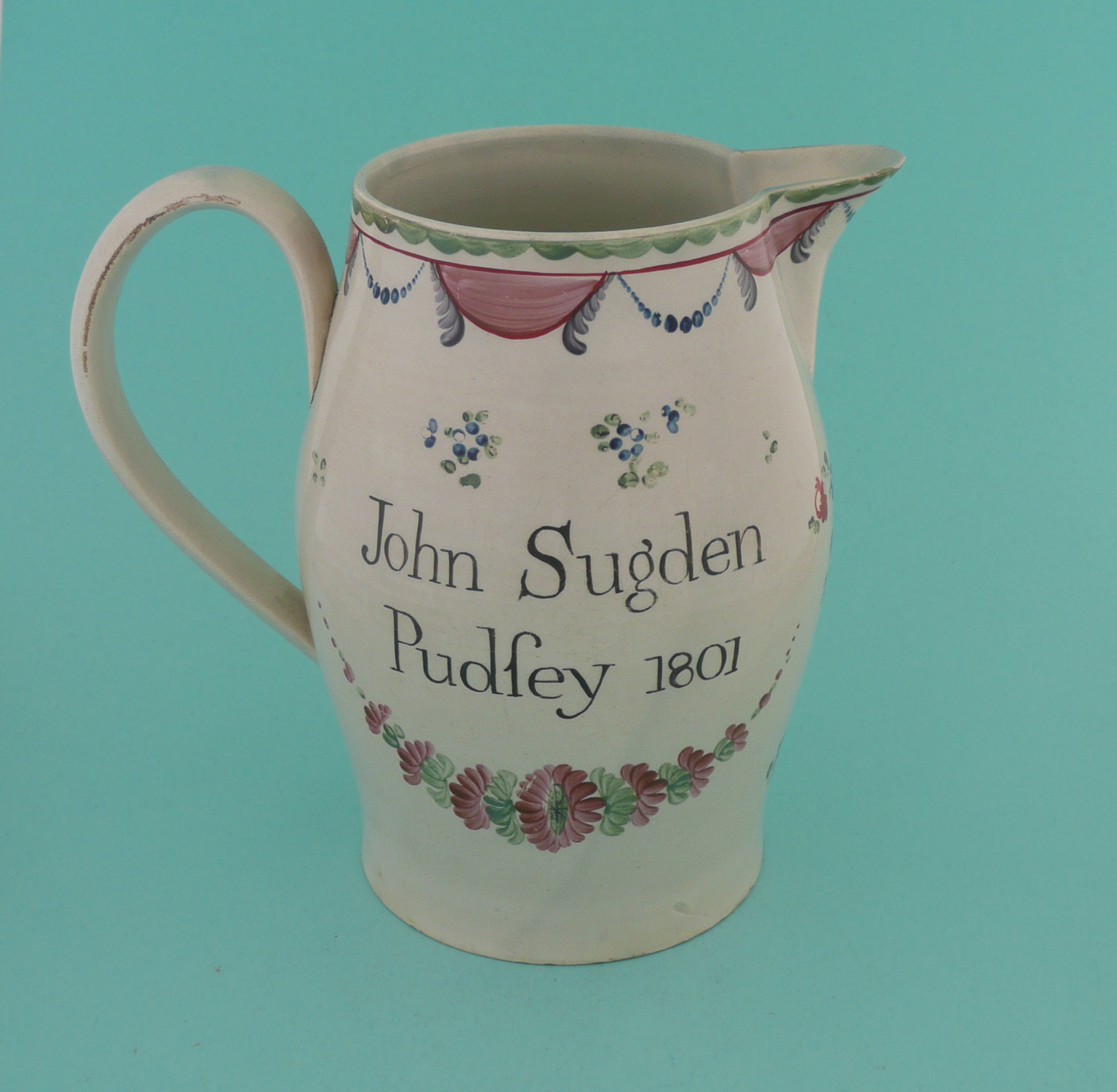 1801 Peace: a pearlware jug, the bellied body painted with flowers and inscribed ‘Peace Pudsey - Bild 2 aus 4