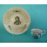 A pottery bowl printed in black with a named portrait of Queen Caroline, stained and a pink lustre