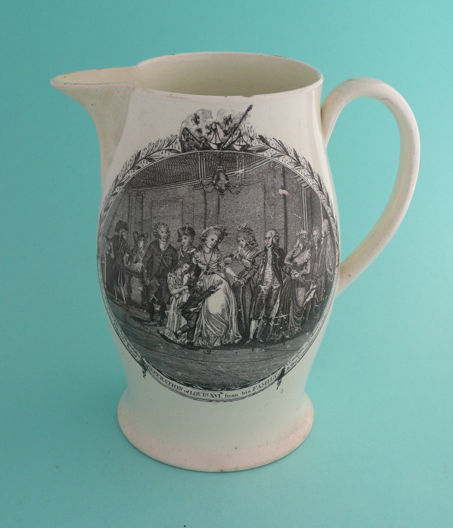 1793 Execution of Louis XVI: a rare creamware jug the bellied body printed in black with scenes