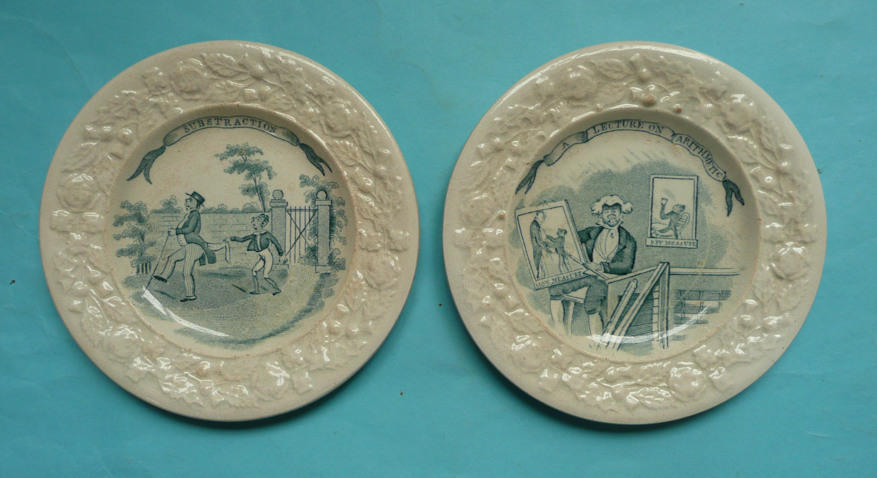 Education: an amusing pair of nursery plates on the subject of mathematics, printed in green