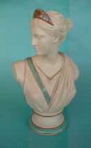 A good parian portrait bust with integral socle base, decorated in turquoise and cerise enamel and