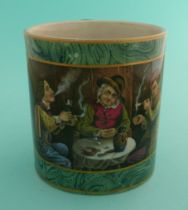 A good small malachite ground mug; The Smokers (405) 87mm. (potlid, pot lid, Prattware,