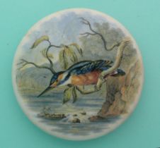 The Kingfisher (296) broken and two and well restored. (potlid, pot lid, Prattware, Staffordshire).