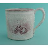 1831 Coronation: a mug moulded with a lozenge design printed in pink with portraits, 85mm. (