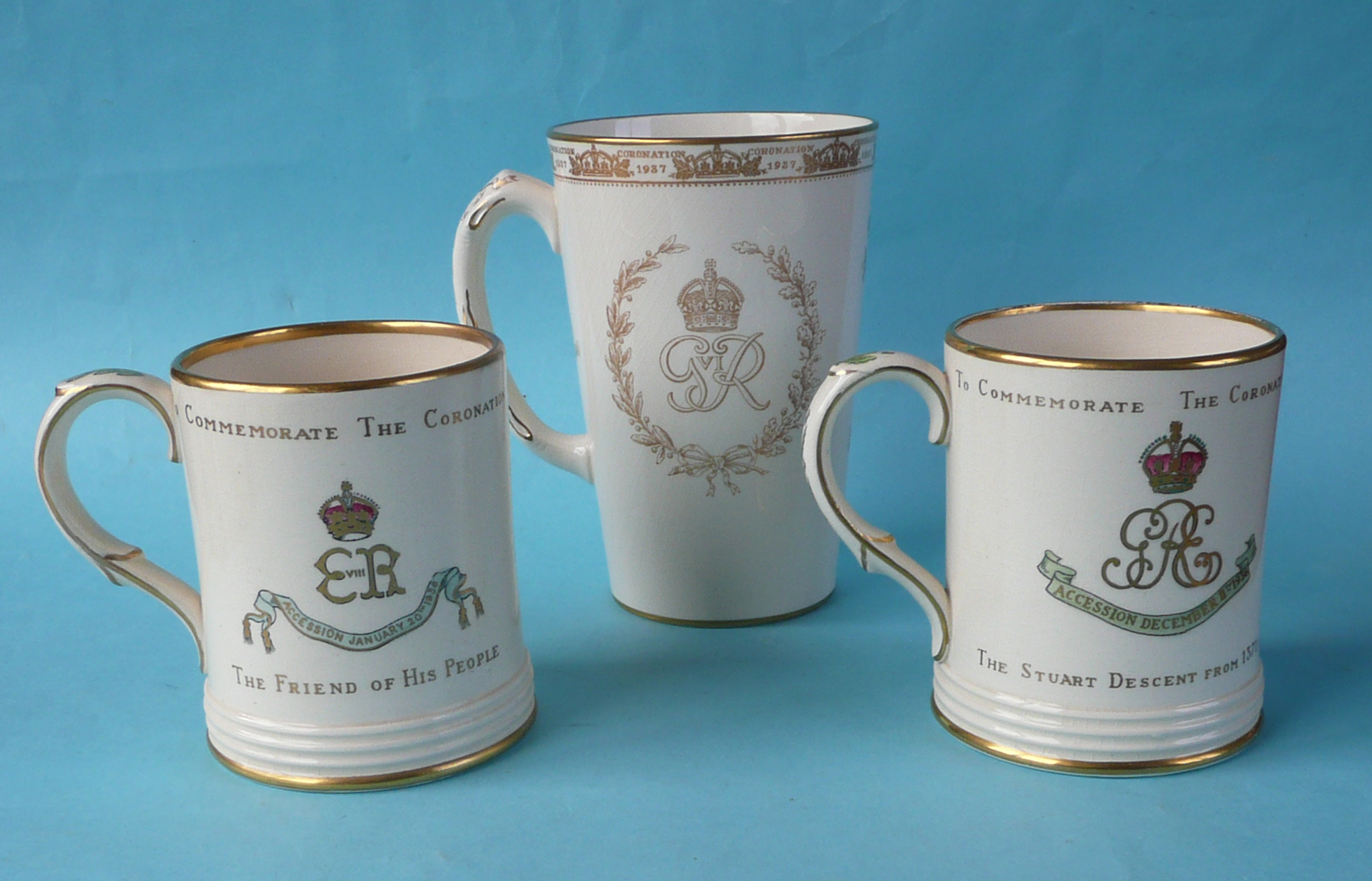 1937 Coronation: a Copeland tall pottery tapering mug with gilt decoration and a pair of Copeland - Image 2 of 2