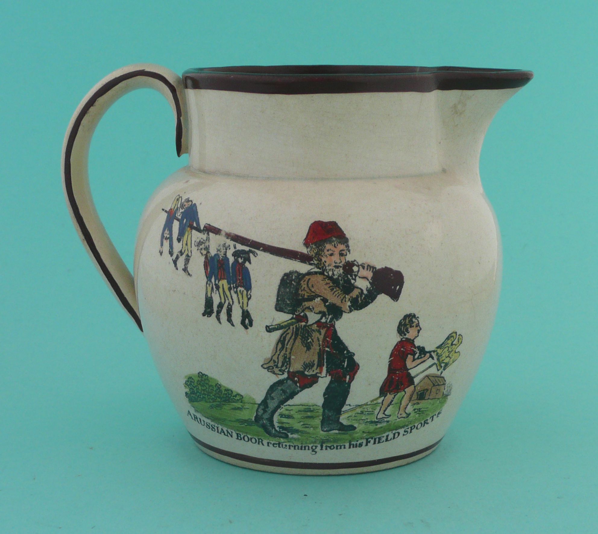 1812 Napoleon’s Russian Campaign: a colourful pearlware jug with scenes entitled ‘Specimen of - Image 2 of 4