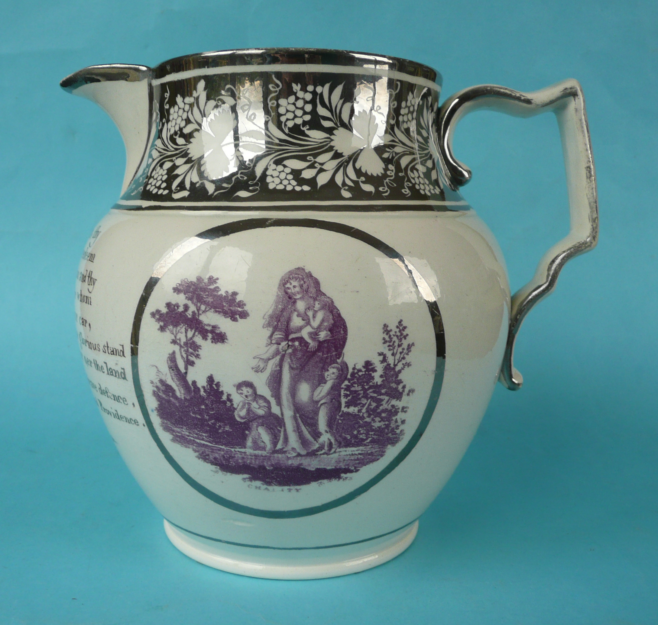 Wellington: a silver lustre jug printed in purple with panels entitled ‘Hope’ and ‘Charity’ - Image 2 of 3