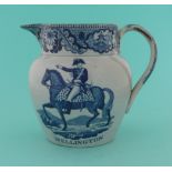 Wellington: a pearlware jug printed in blue with a named equestrian profile and on the reverse a