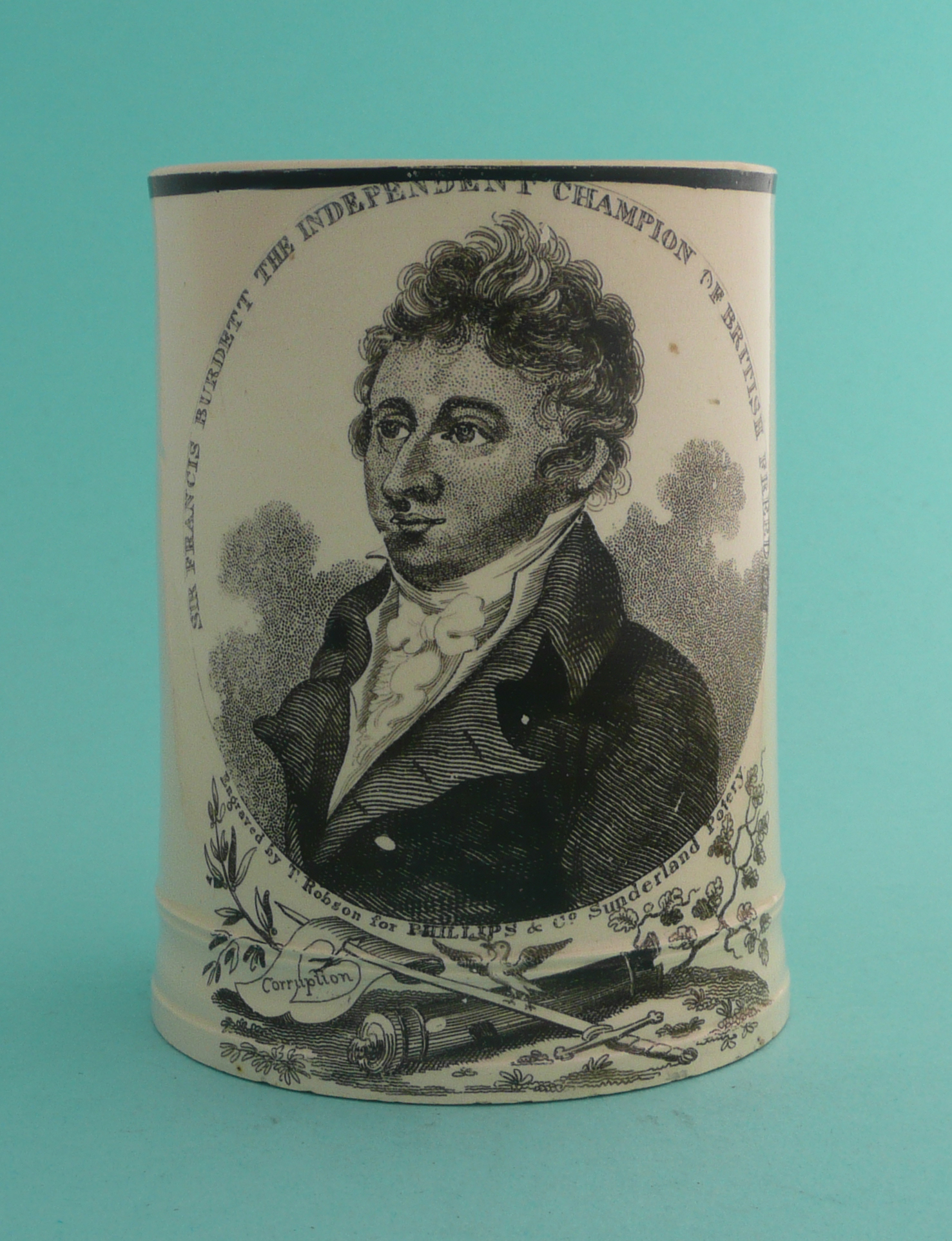 Sir Francis Burdett: a Sunderland creamware tankard well printed in black with a named and inscribed