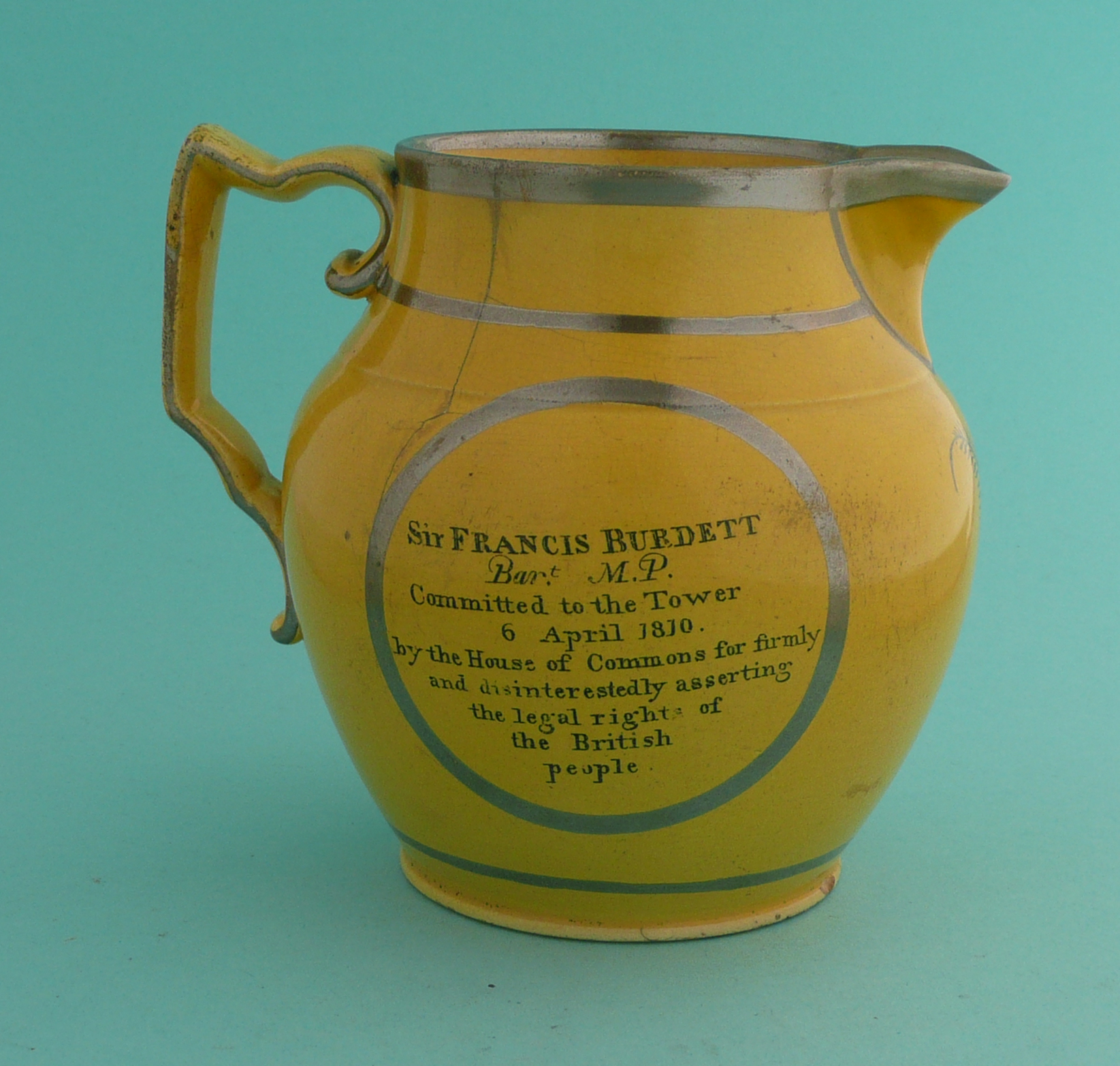 1810 Sir Francis Burdett: a yellow pottery jug banded in lustre and printed in grey with an - Image 2 of 4