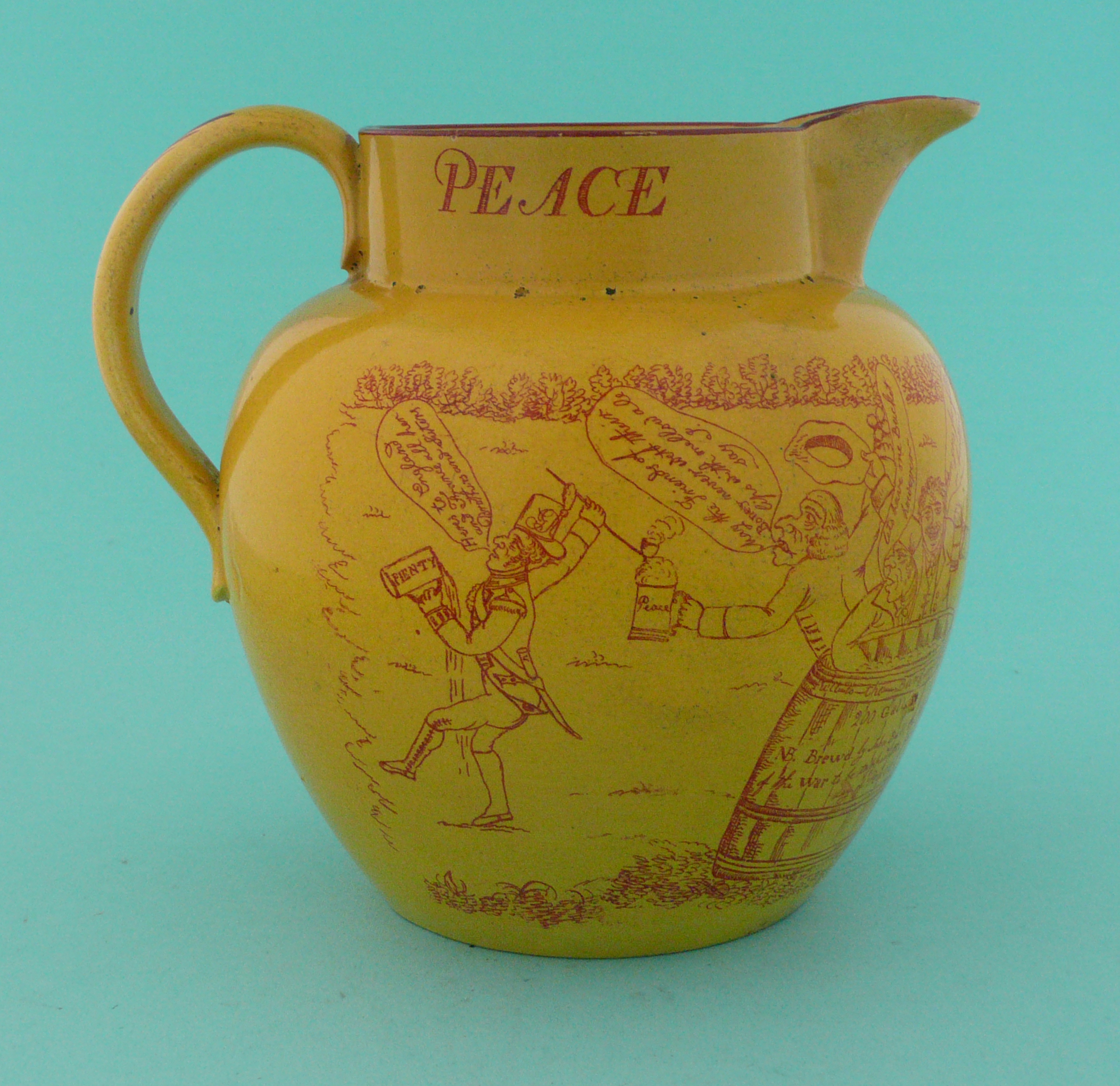 1814 Peace: a good yellow ground jug printed in rouge-de-fer with an extensive satire entitled ‘ - Image 2 of 5