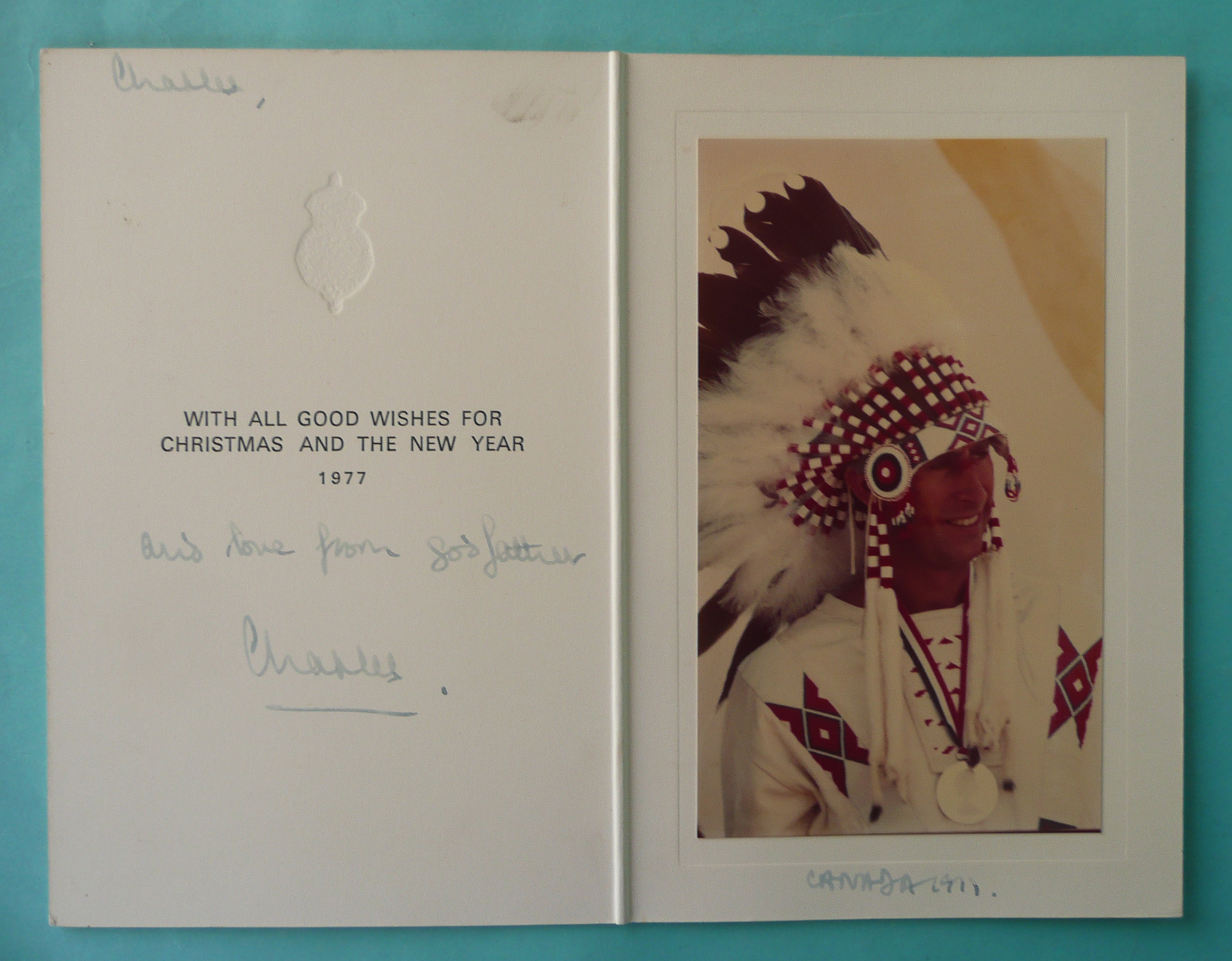 1977 Prince of Wales: a particularly interesting ink hand-signed Christmas card affixed with a