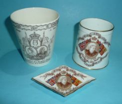 1897 Jubilee: a Minton beaker, a Doulton Burslem tapering mug and a similar small lozenge shaped